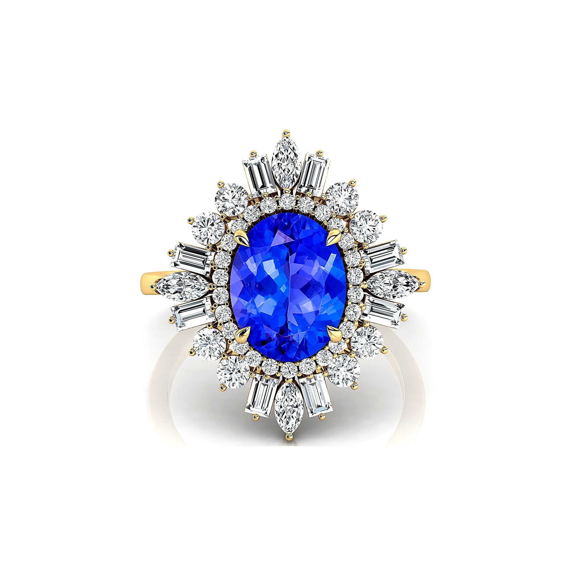 Oval Solitaire Tanzanite Baguette and Round Diamond Cocktail Ring - GeumJewels