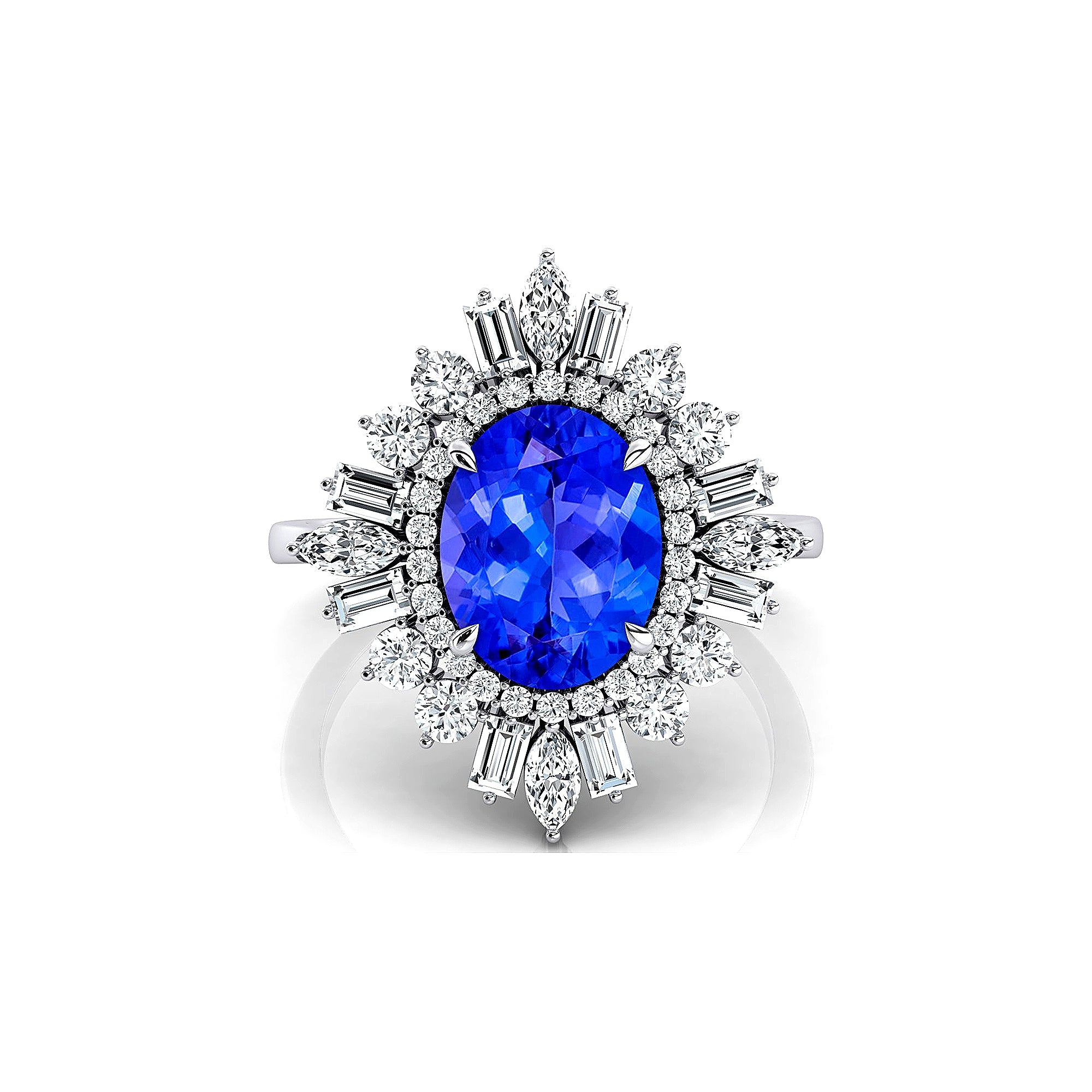 Oval Solitaire Tanzanite Baguette and Round Diamond Cocktail Ring - GeumJewels
