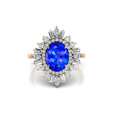 Oval Solitaire Tanzanite Baguette and Round Diamond Cocktail Ring - GeumJewels