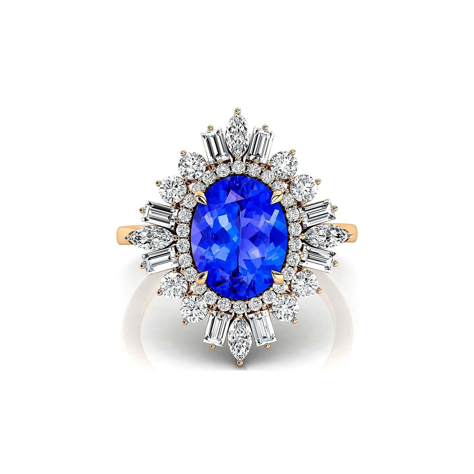 Oval Solitaire Tanzanite Baguette and Round Diamond Cocktail Ring - GeumJewels