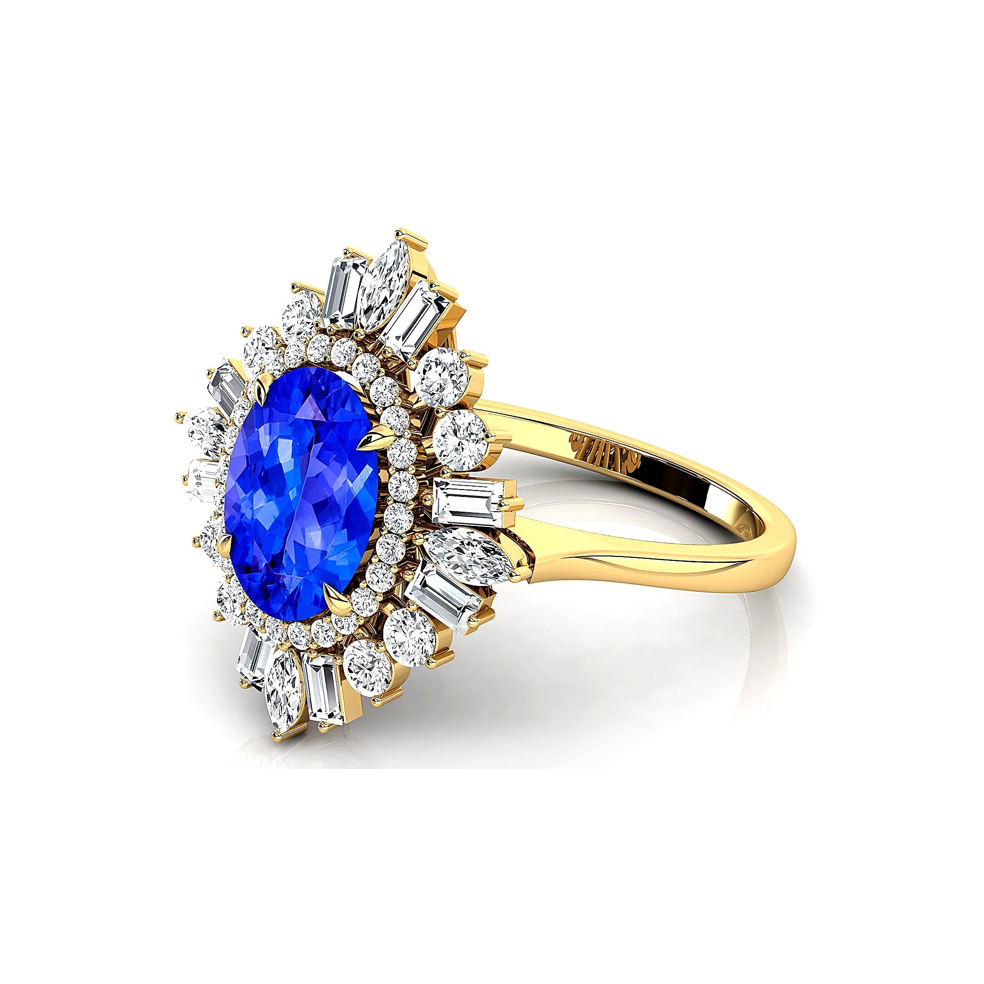 Oval Solitaire Tanzanite Baguette and Round Diamond Cocktail Ring - GeumJewels