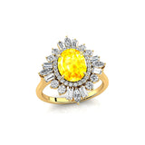 Oval Solitaire Yellow Sapphire Baguette and Round Diamond Cocktail Ring - GeumJewels