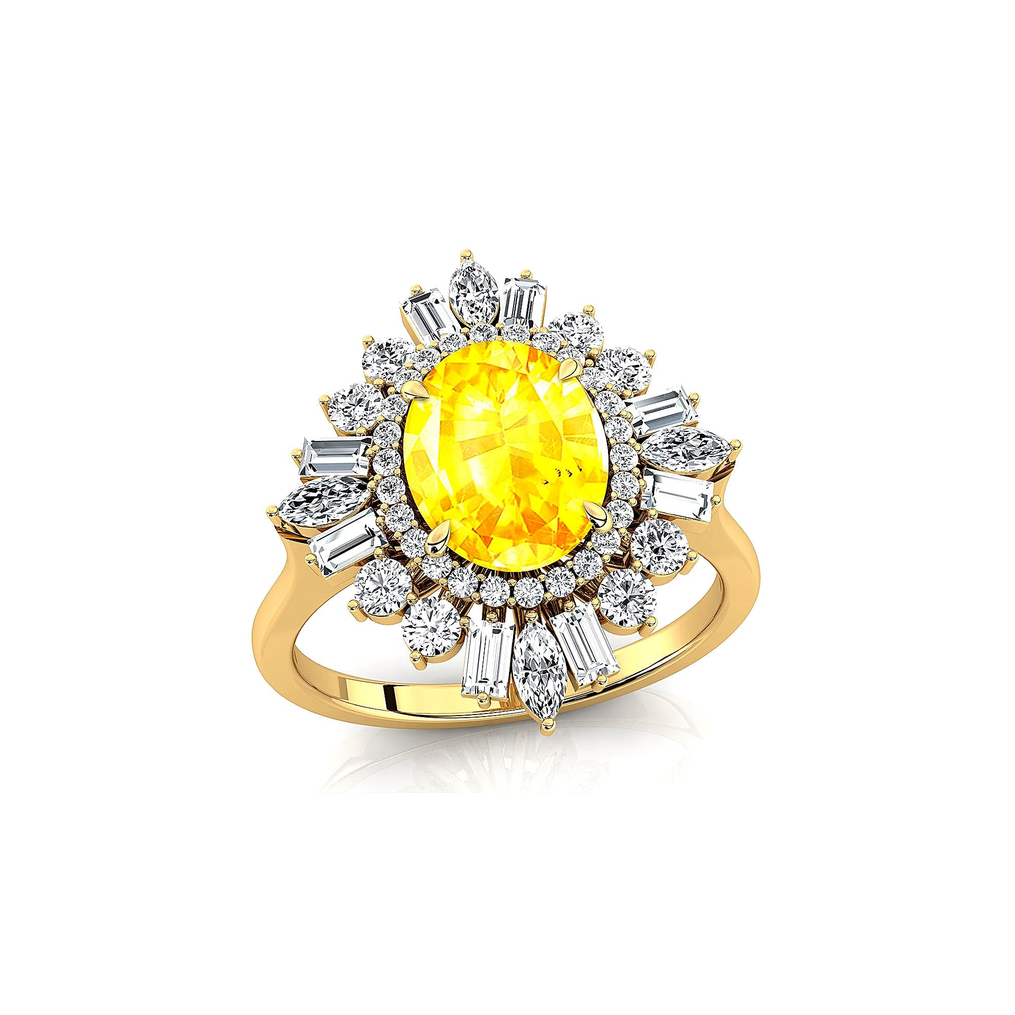 Oval Solitaire Yellow Sapphire Baguette and Round Diamond Cocktail Ring - GeumJewels
