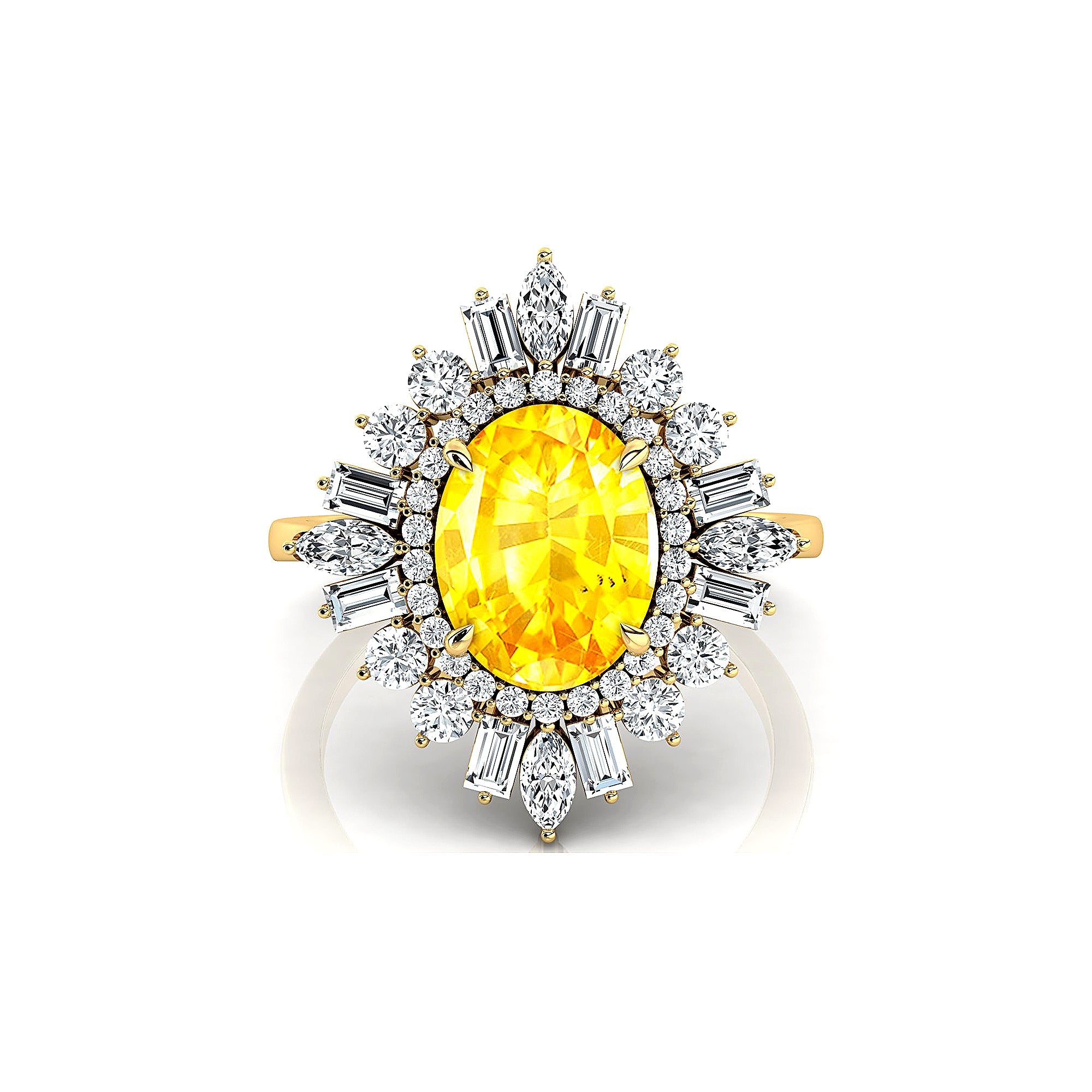 Oval Solitaire Yellow Sapphire Baguette and Round Diamond Cocktail Ring - GeumJewels