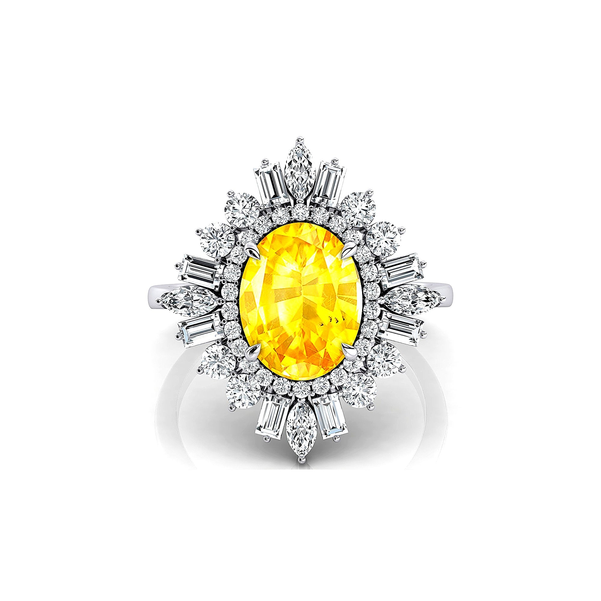 Oval Solitaire Yellow Sapphire Baguette and Round Diamond Cocktail Ring - GeumJewels