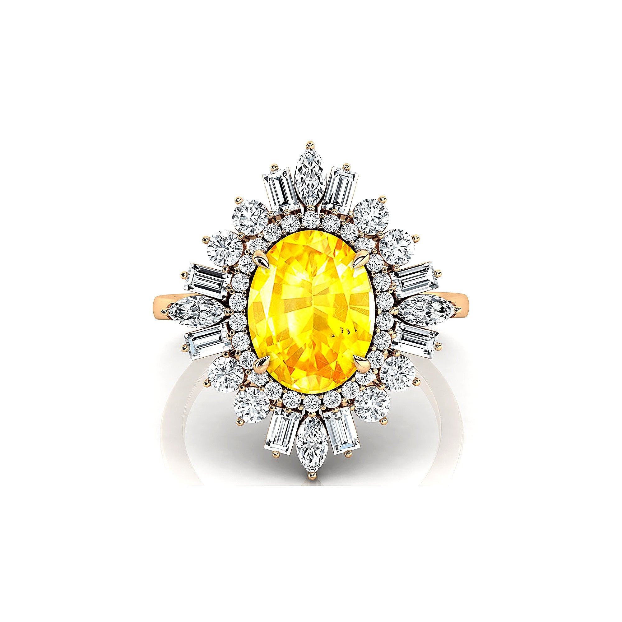 Oval Solitaire Yellow Sapphire Baguette and Round Diamond Cocktail Ring - GeumJewels