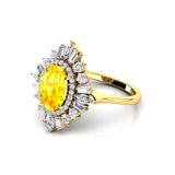 Oval Solitaire Yellow Sapphire Baguette and Round Diamond Cocktail Ring - GeumJewels
