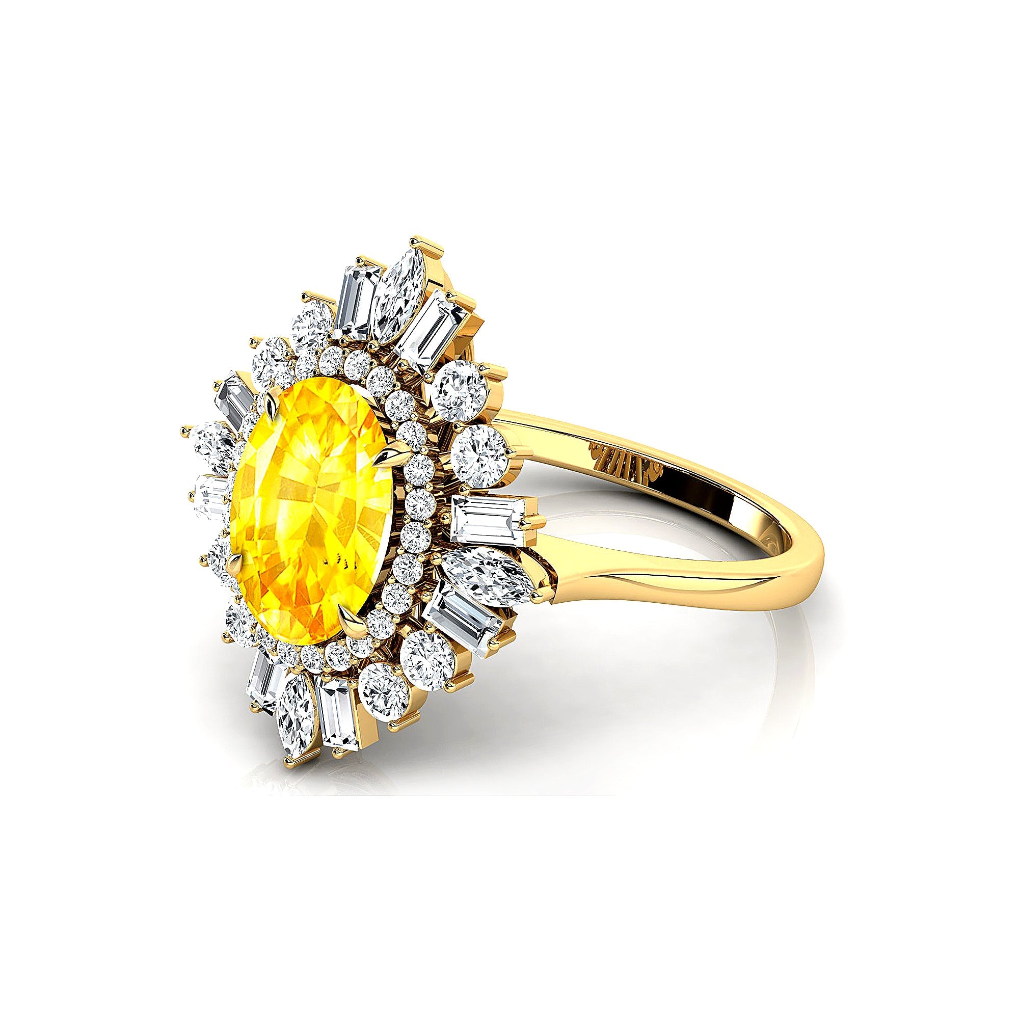 Oval Solitaire Yellow Sapphire Baguette and Round Diamond Cocktail Ring - GeumJewels