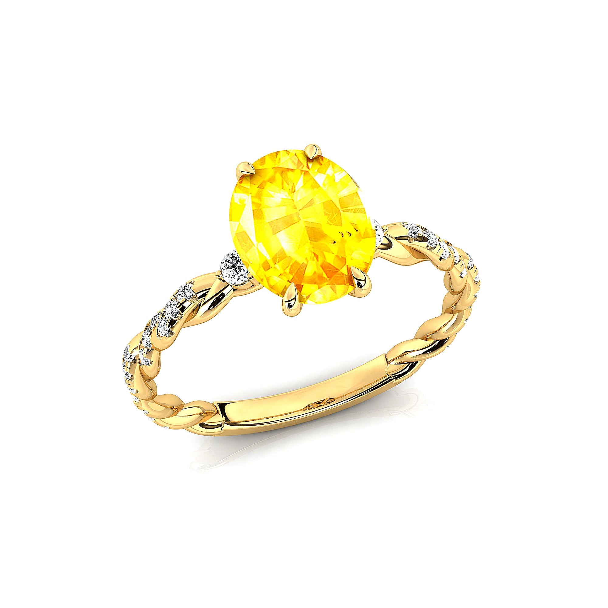 Oval Solitaire Yellow Sapphire Ring with Twisted Wire Diamond Band - GeumJewels