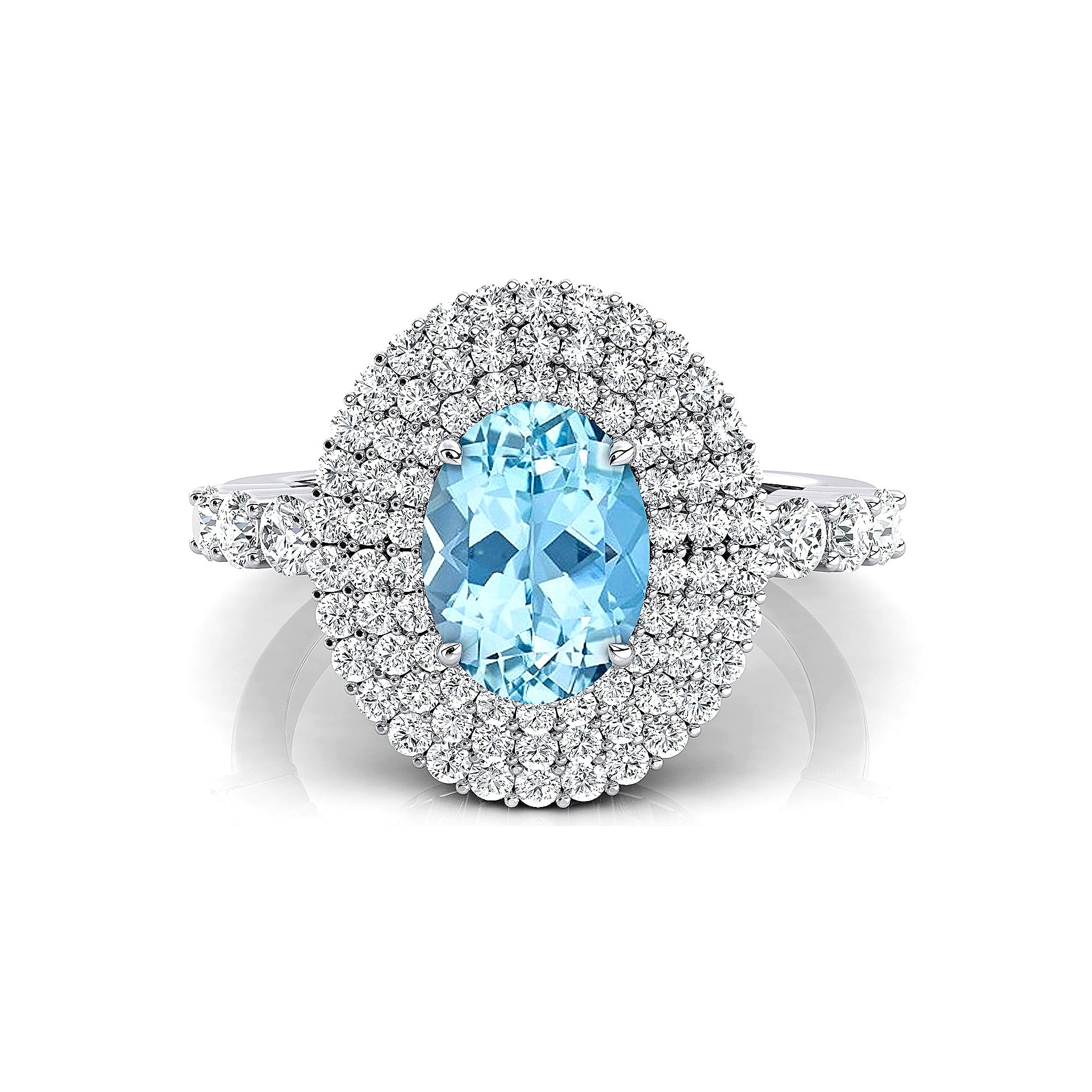 Triple Halo Diamond Oval Cut Aquamarine Cocktail Ring - GeumJewels