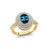 Triple Halo Diamond Oval Cut London Blue Topaz Cocktail Ring - GeumJewels