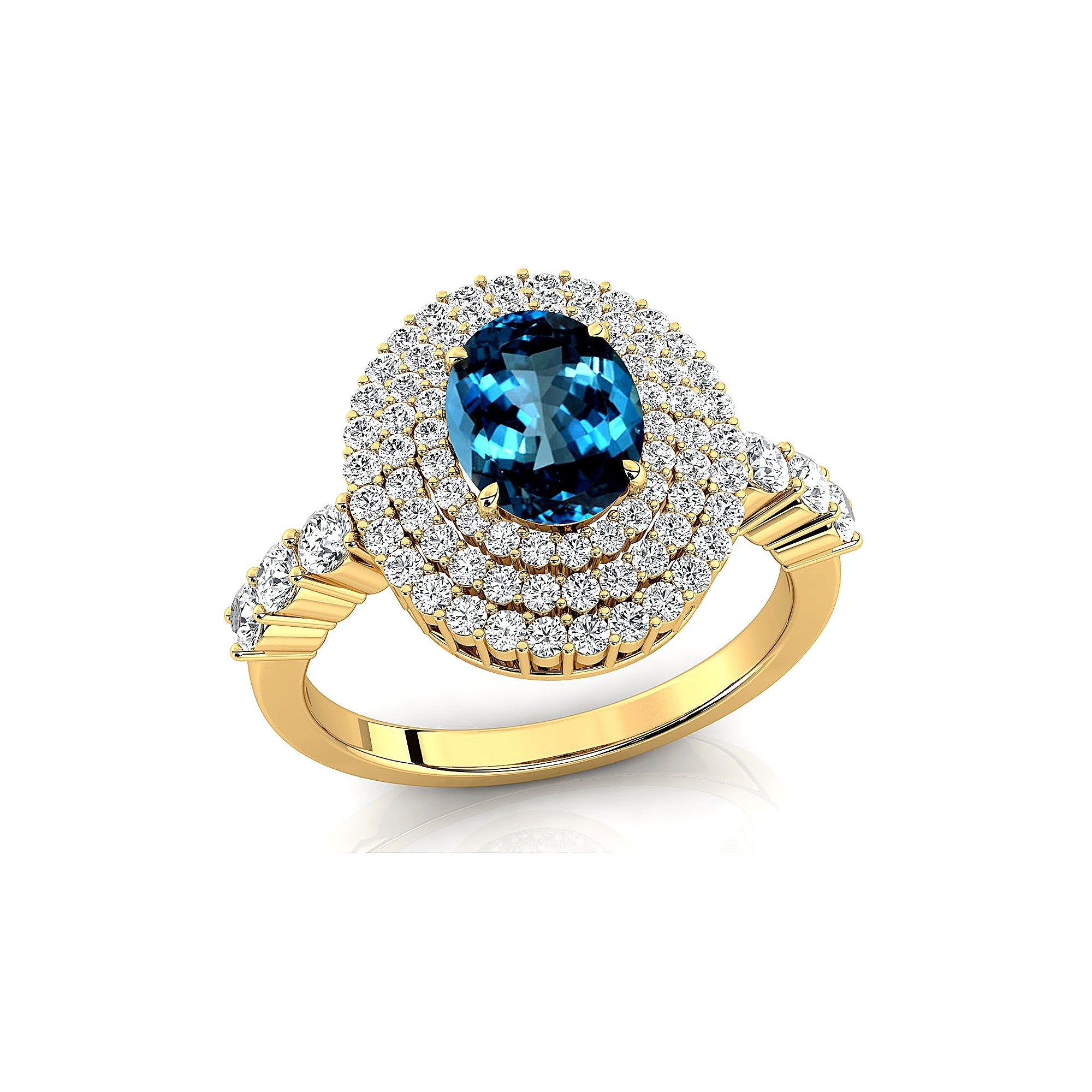 Triple Halo Diamond Oval Cut London Blue Topaz Cocktail Ring - GeumJewels
