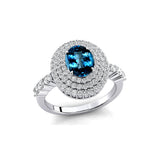 Triple Halo Diamond Oval Cut London Blue Topaz Cocktail Ring - GeumJewels