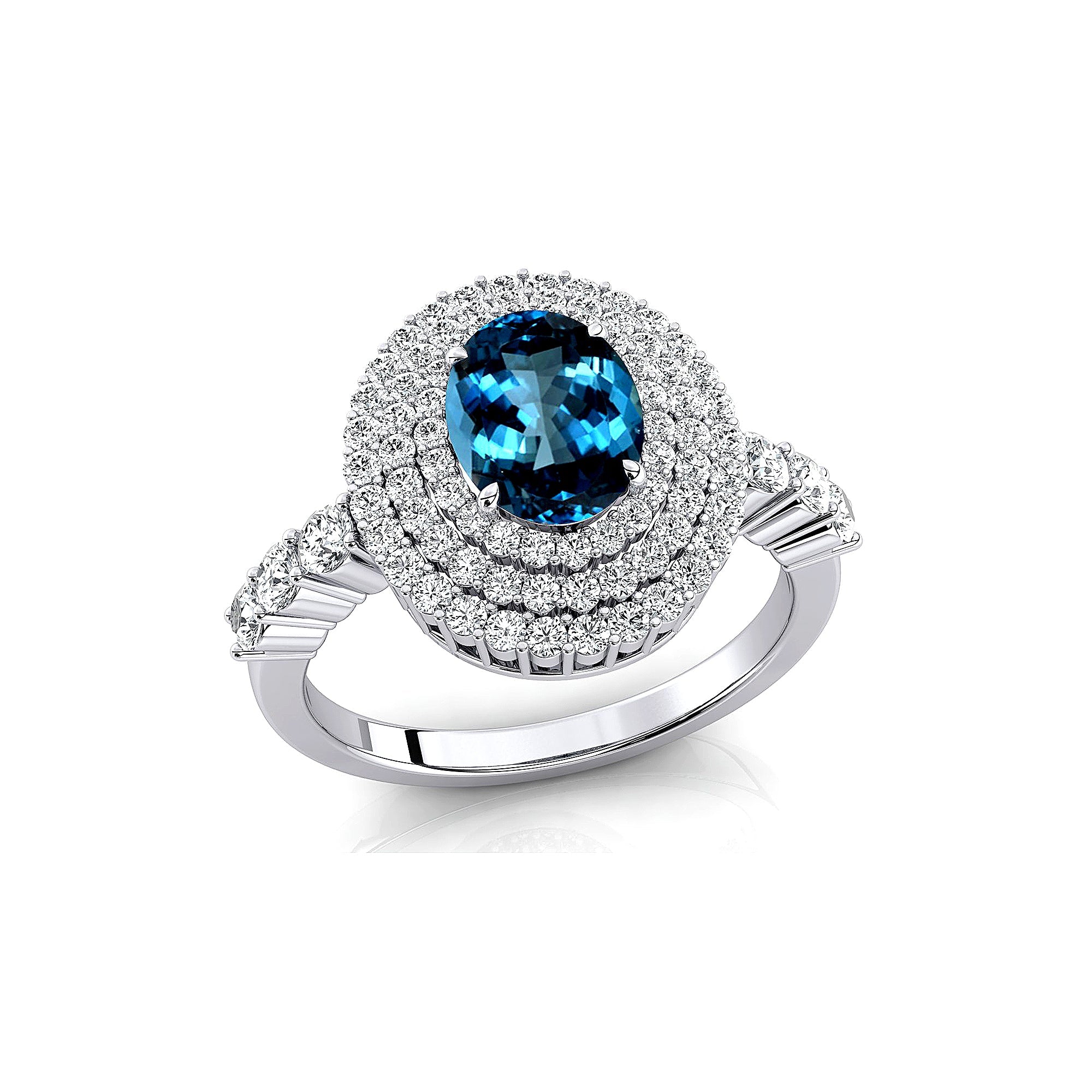 Triple Halo Diamond Oval Cut London Blue Topaz Cocktail Ring - GeumJewels