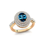 Triple Halo Diamond Oval Cut London Blue Topaz Cocktail Ring - GeumJewels