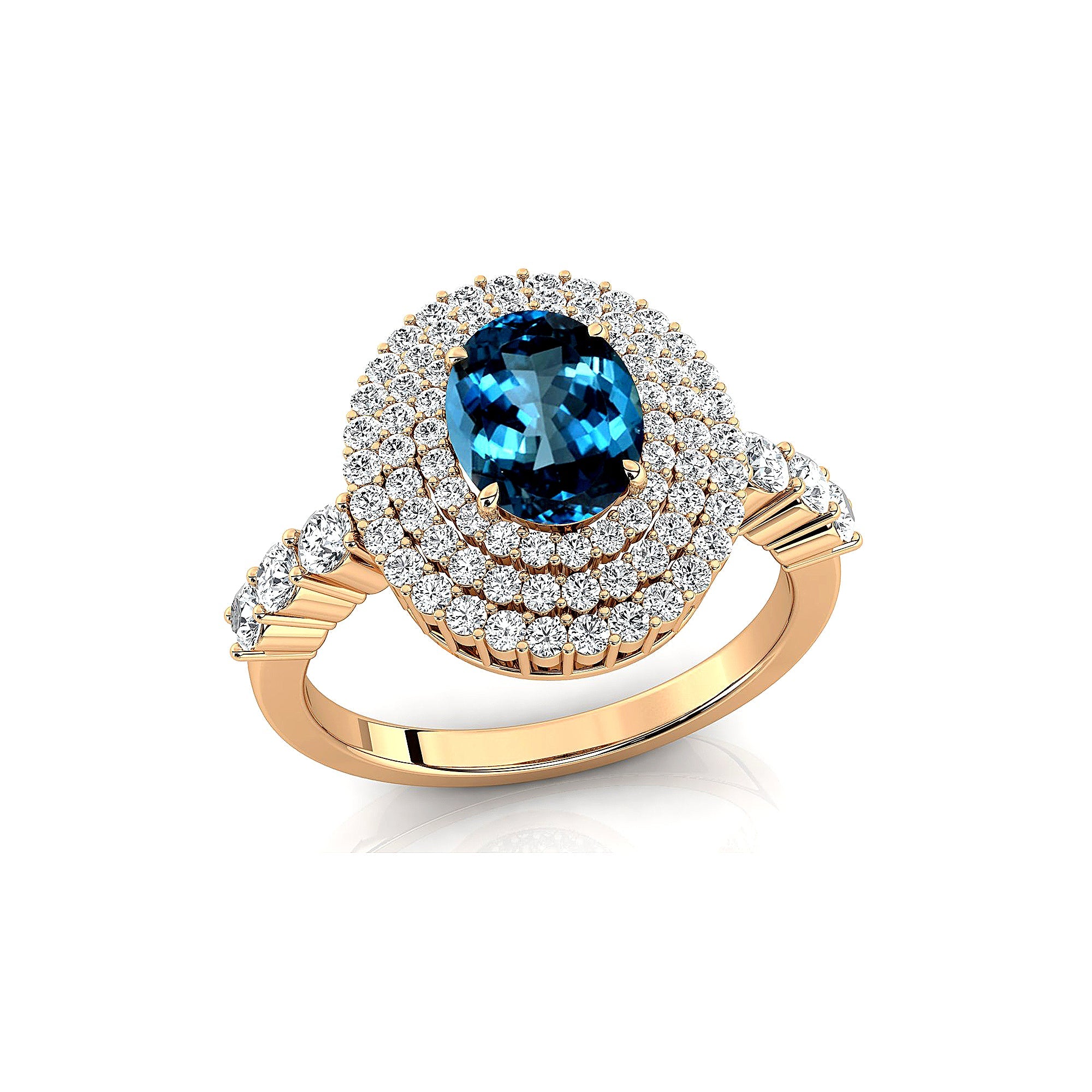 Triple Halo Diamond Oval Cut London Blue Topaz Cocktail Ring - GeumJewels