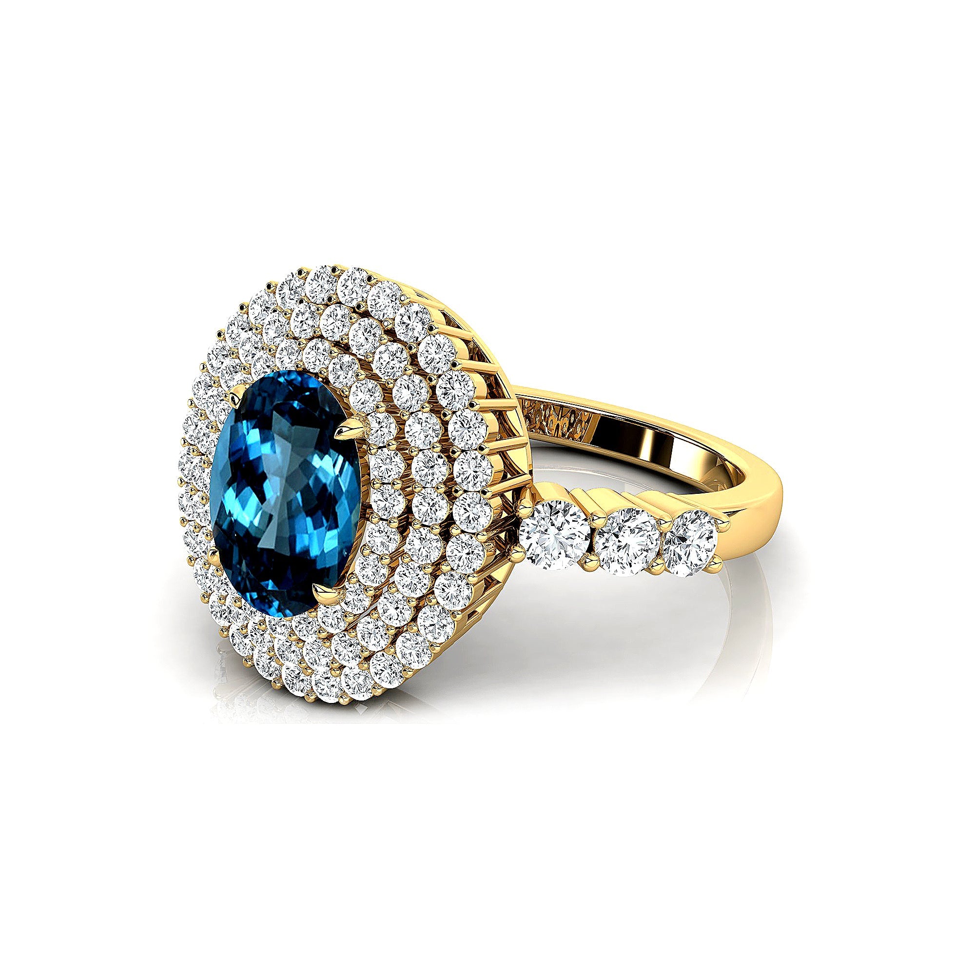 Triple Halo Diamond Oval Cut London Blue Topaz Cocktail Ring - GeumJewels