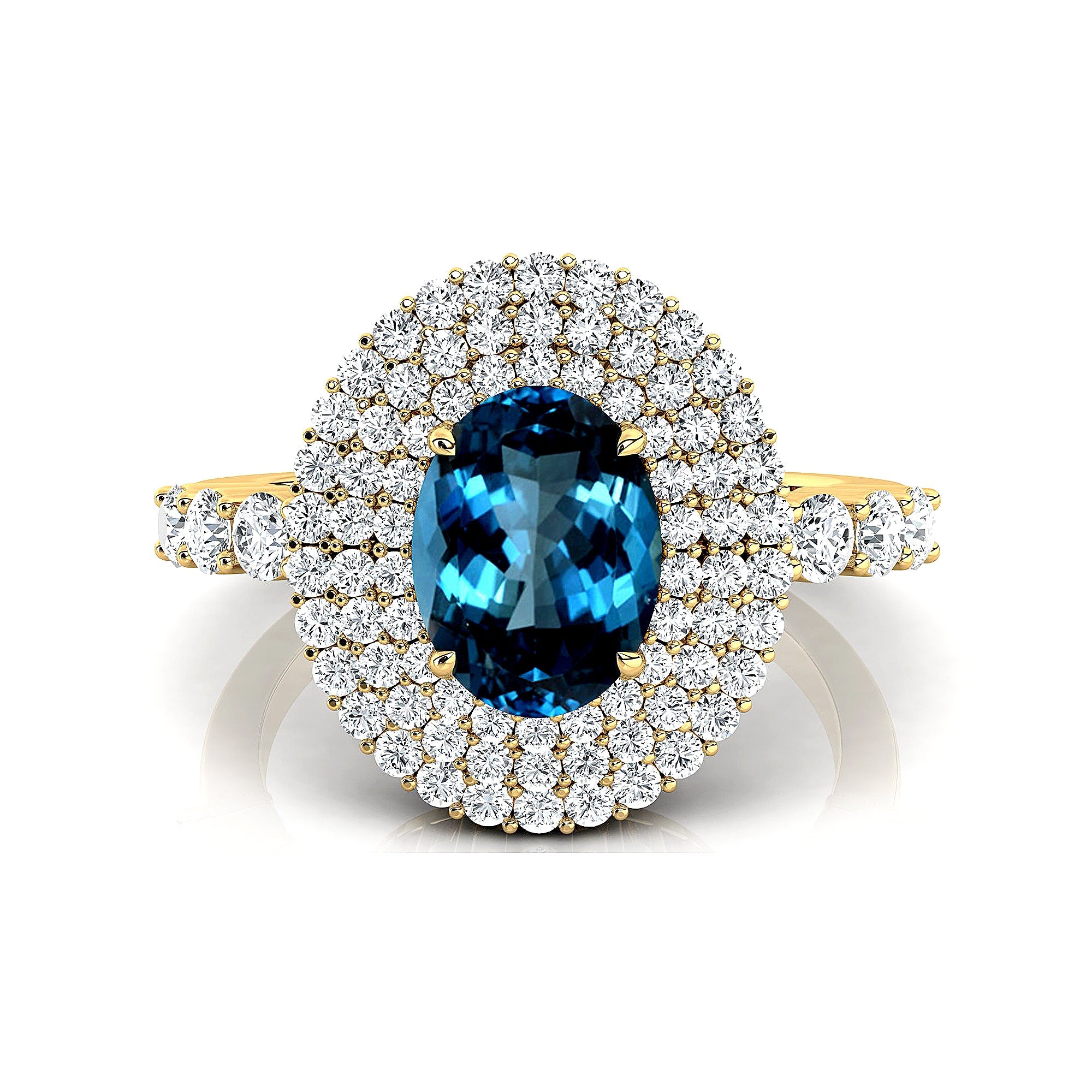 Triple Halo Diamond Oval Cut London Blue Topaz Cocktail Ring - GeumJewels