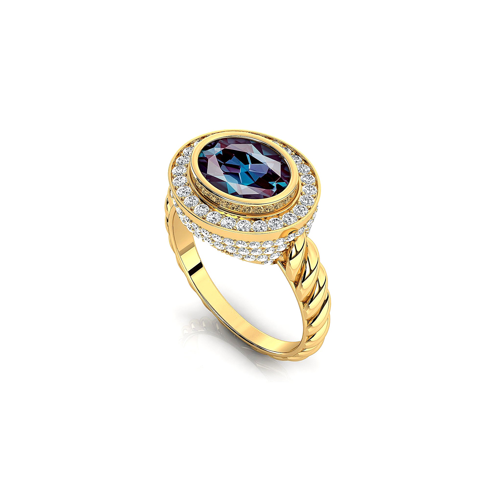 Vintage Style Elongated Oval Alexandrite Halo Diamond Twisted Ring - GeumJewels