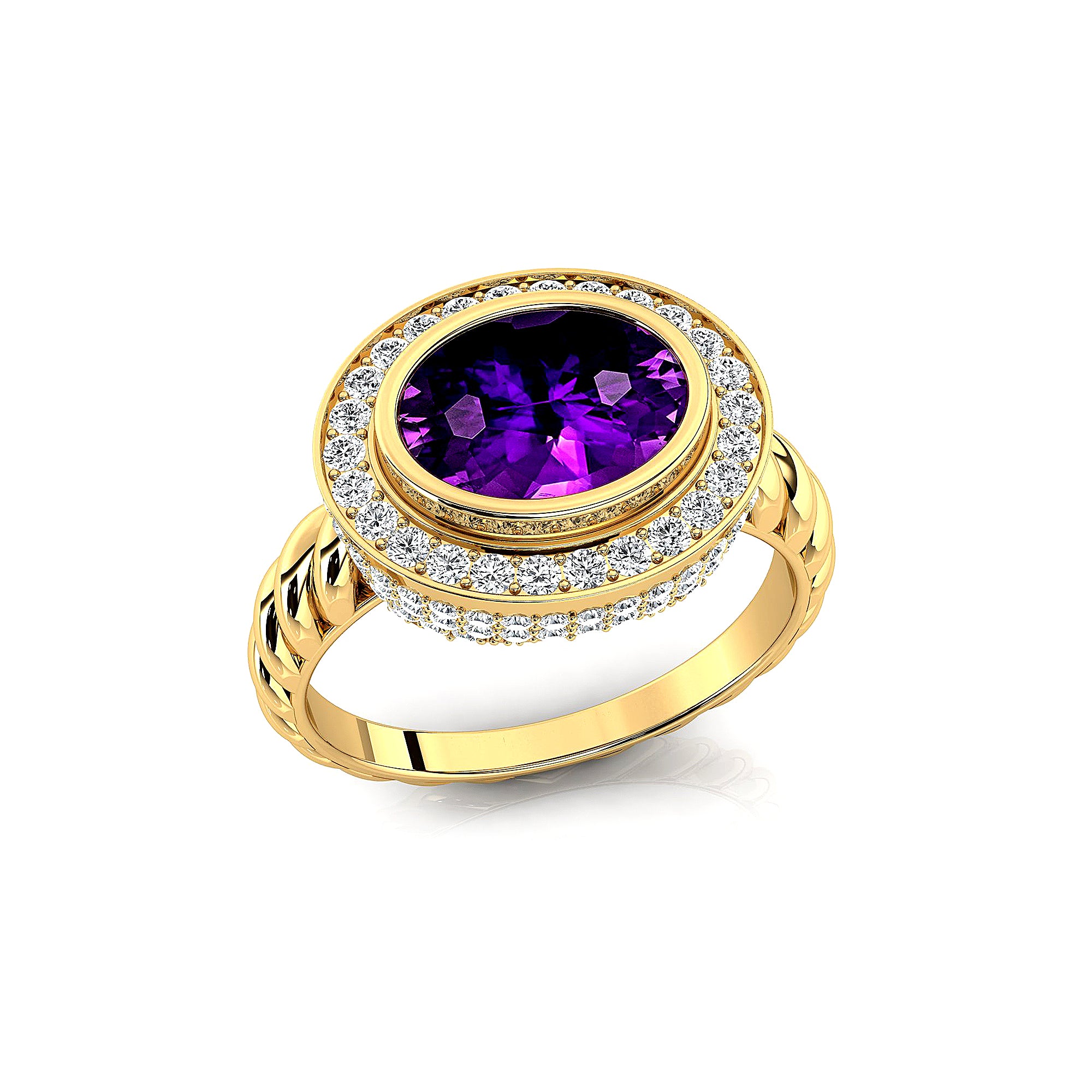 Vintage Style Elongated Oval Amethyst Halo Diamond Twisted Ring - GeumJewels