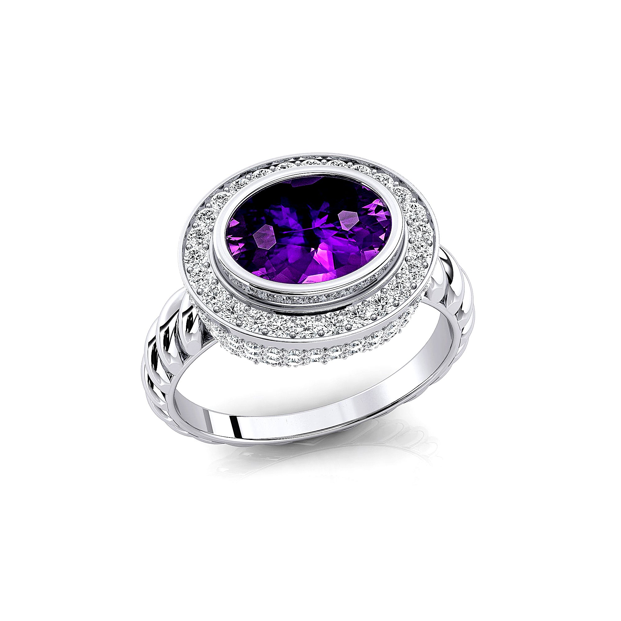 Vintage Style Elongated Oval Amethyst Halo Diamond Twisted Ring - GeumJewels