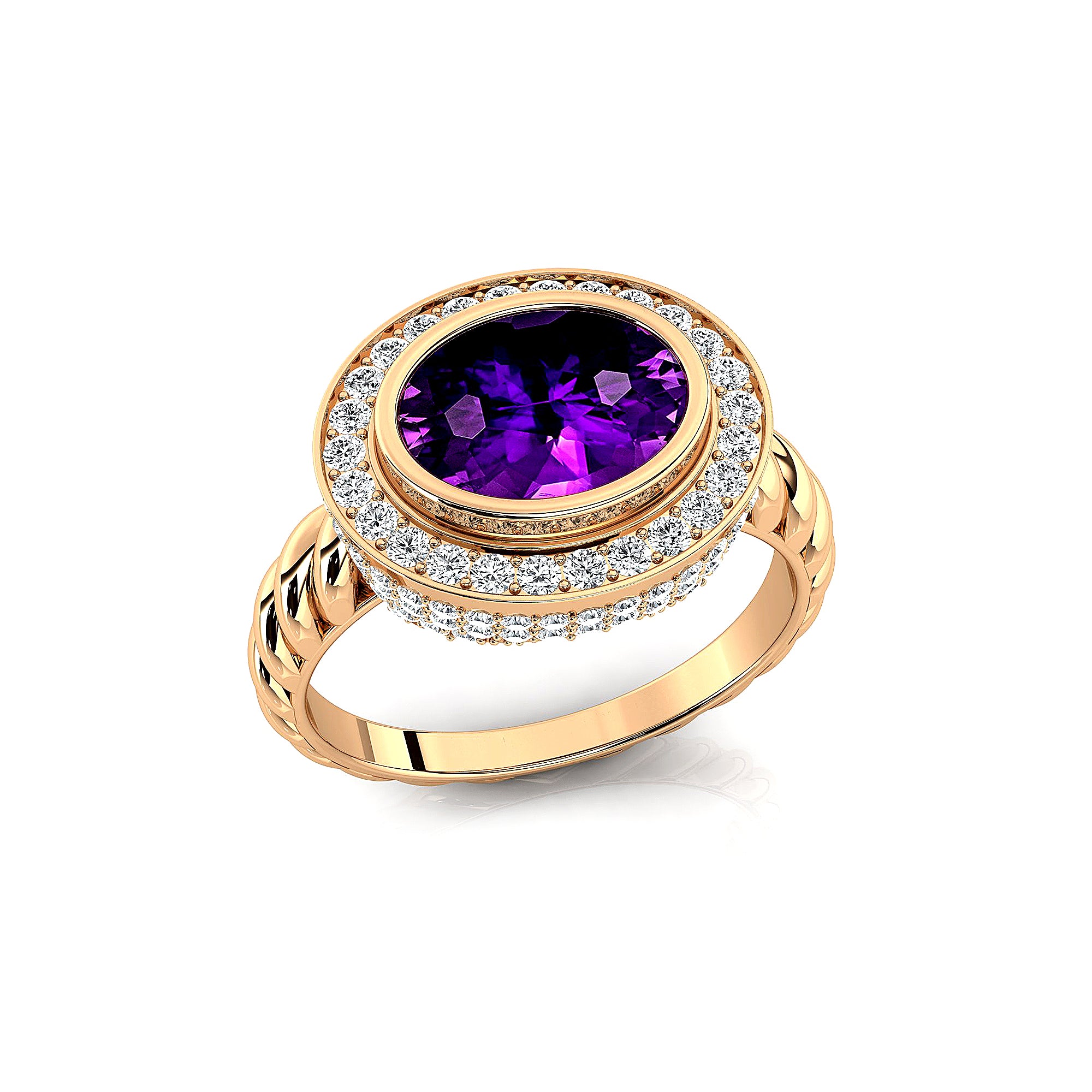Vintage Style Elongated Oval Amethyst Halo Diamond Twisted Ring - GeumJewels