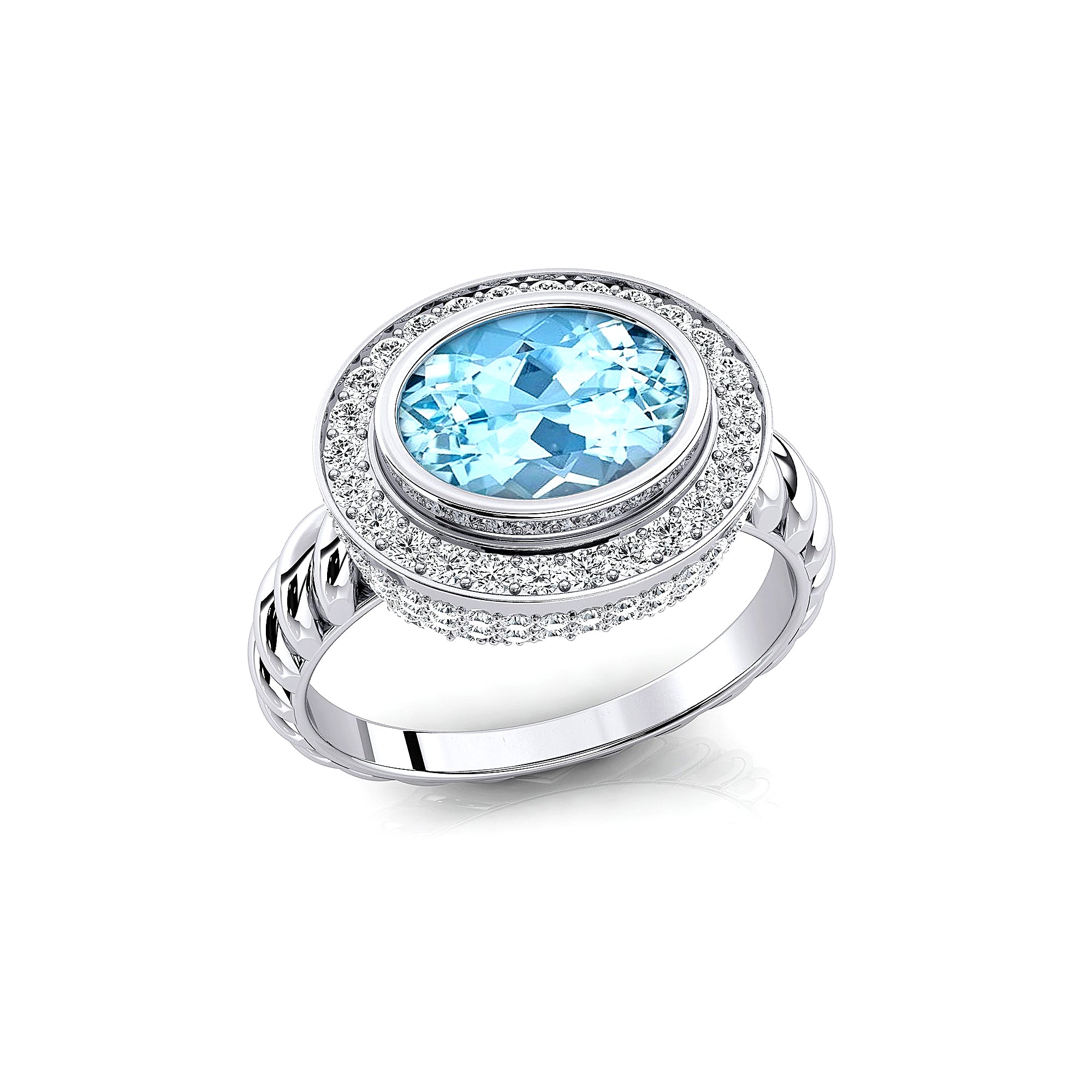 Vintage Style Elongated Oval Aquamarine Halo Diamond Twisted Ring - GeumJewels