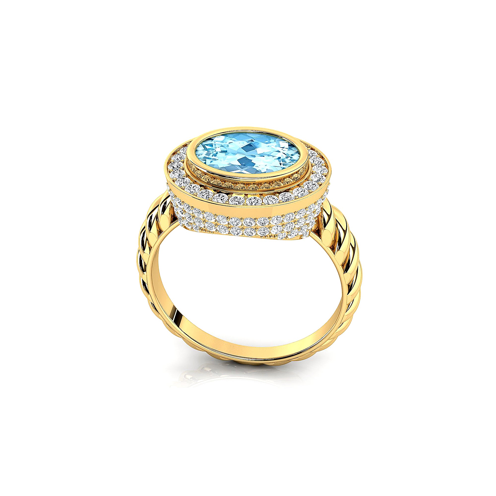 Vintage Style Elongated Oval Aquamarine Halo Diamond Twisted Ring - GeumJewels