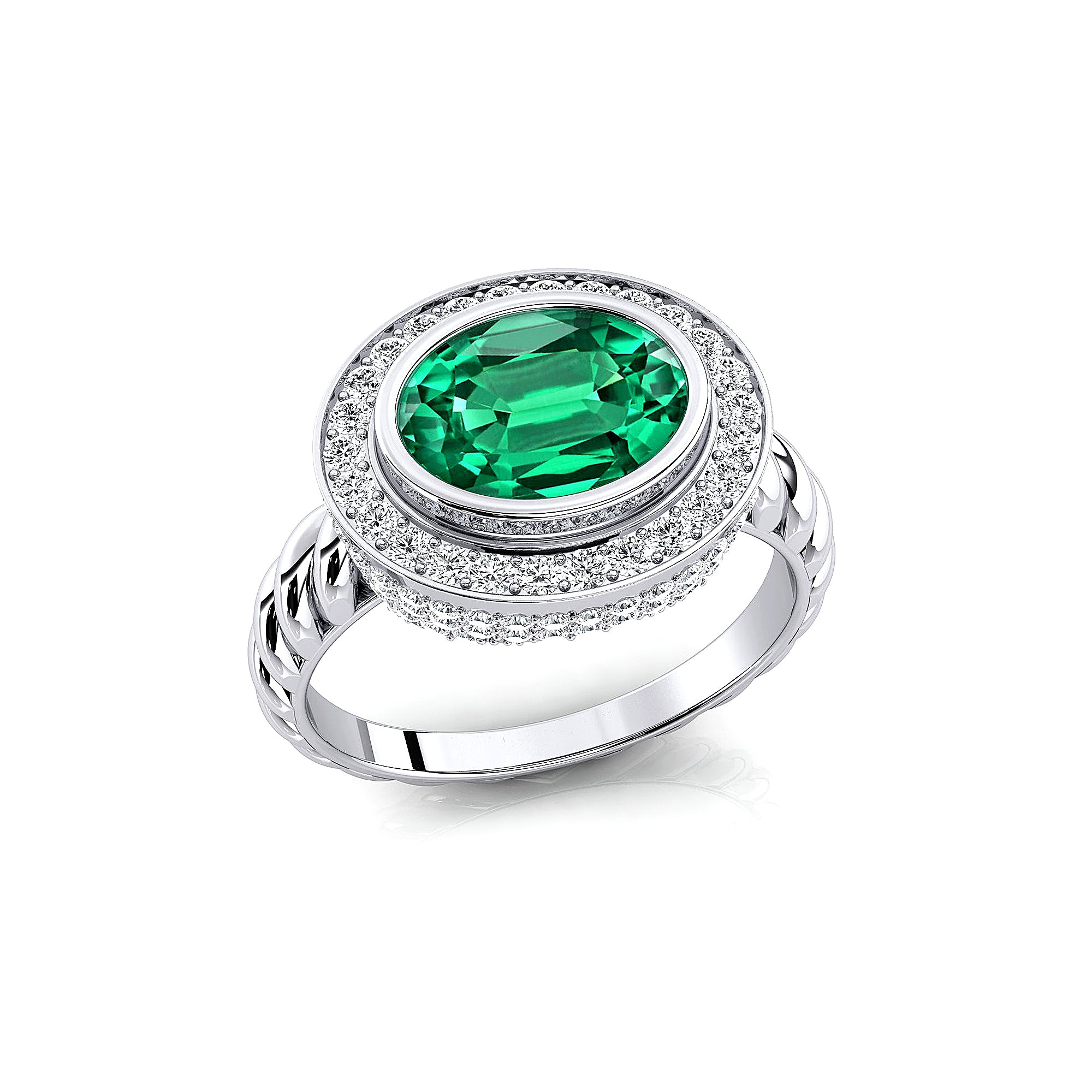 Vintage Style Elongated Oval Emerald Halo Diamond Twisted Ring - GeumJewels