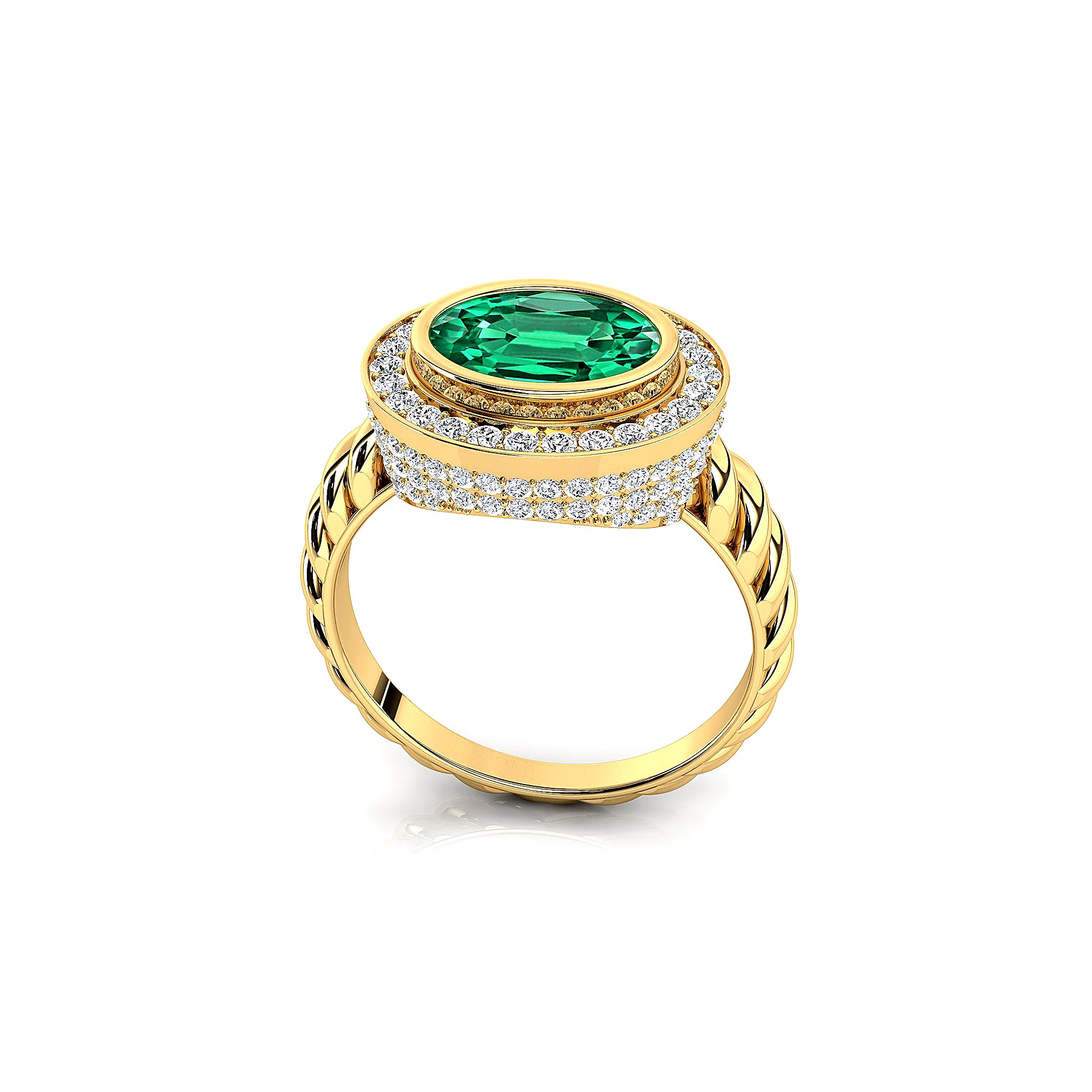 Vintage Style Elongated Oval Emerald Halo Diamond Twisted Ring - GeumJewels