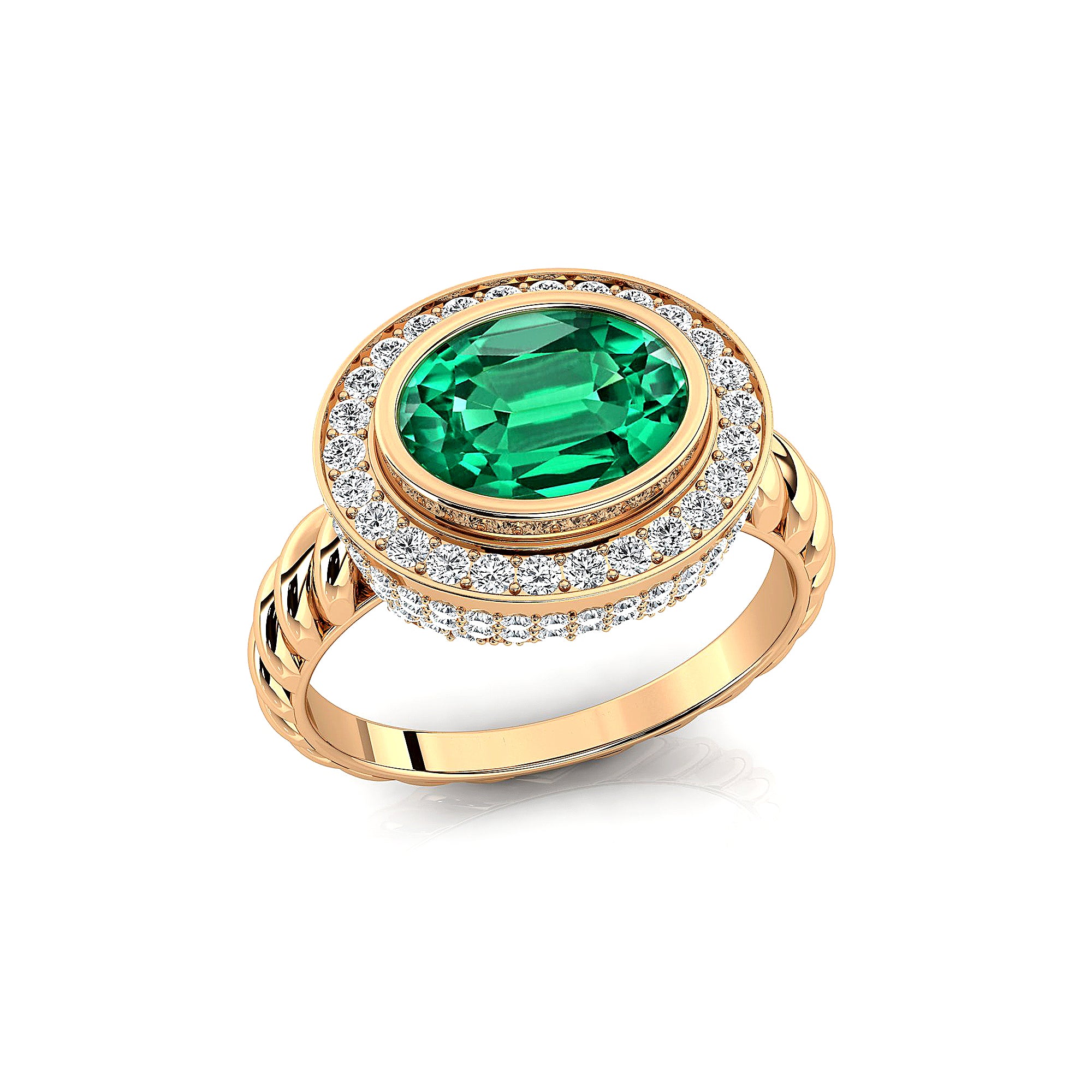 Vintage Style Elongated Oval Emerald Halo Diamond Twisted Ring - GeumJewels