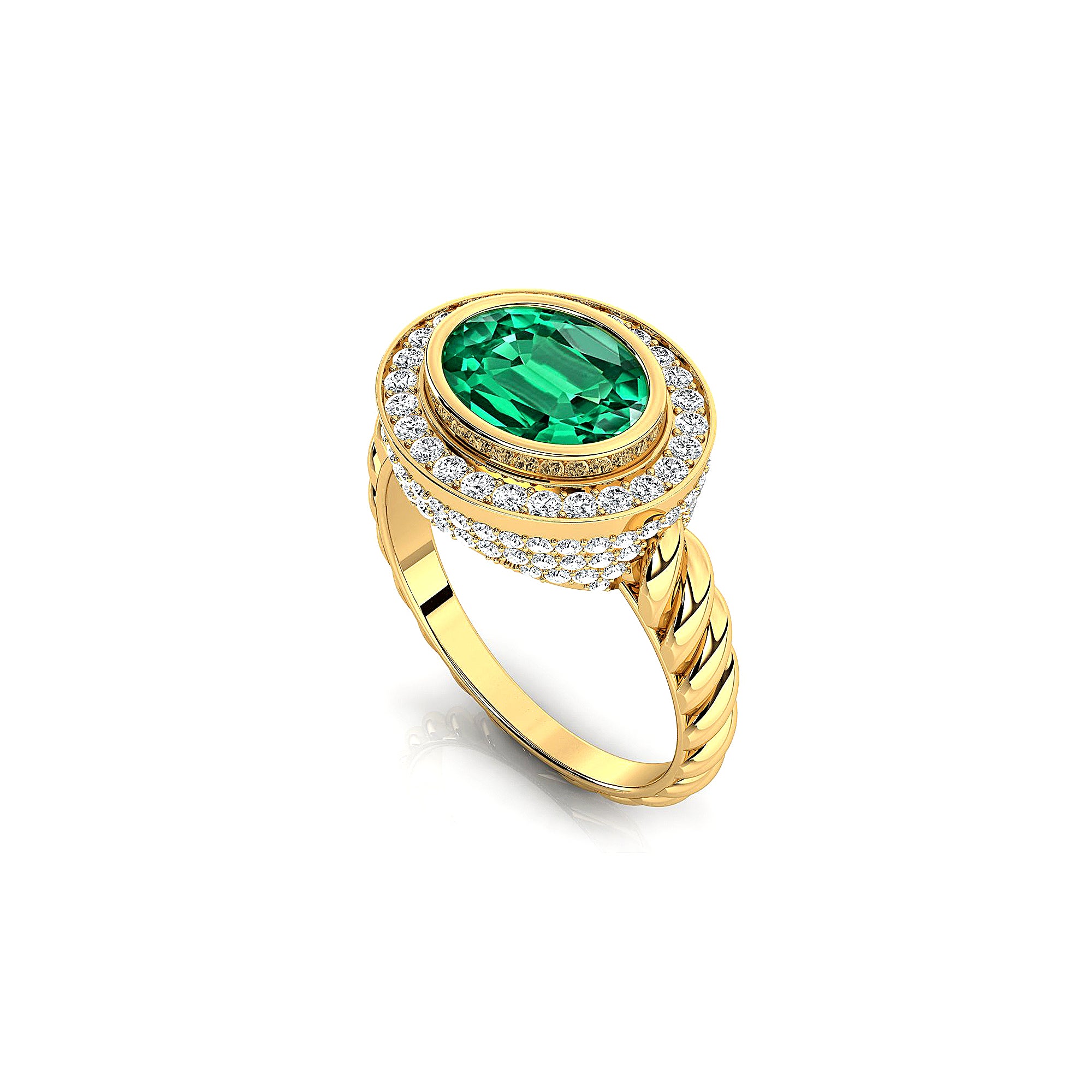 Vintage Style Elongated Oval Emerald Halo Diamond Twisted Ring - GeumJewels