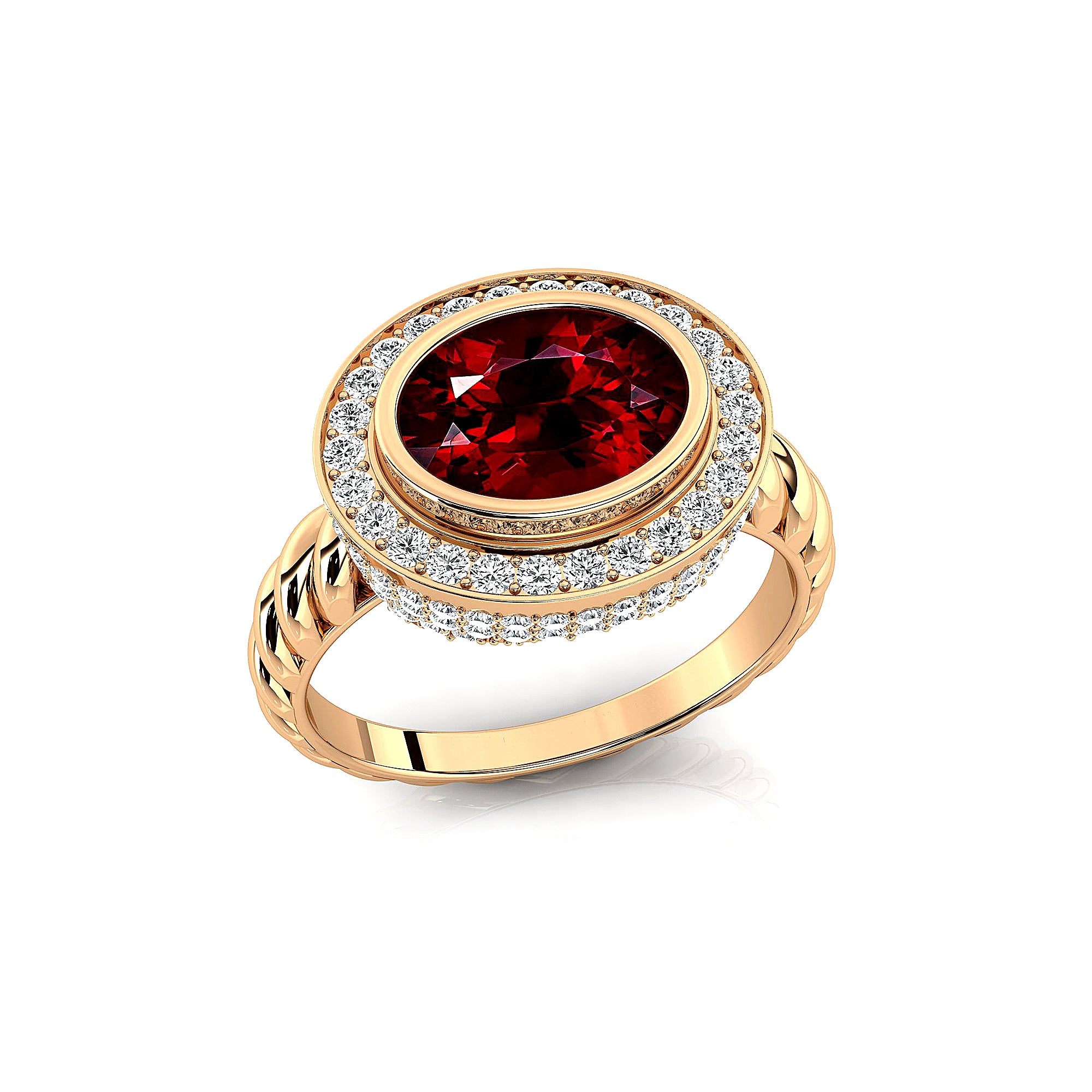 Vintage Style Elongated Oval Garnet Halo Diamond Twisted Ring - GeumJewels