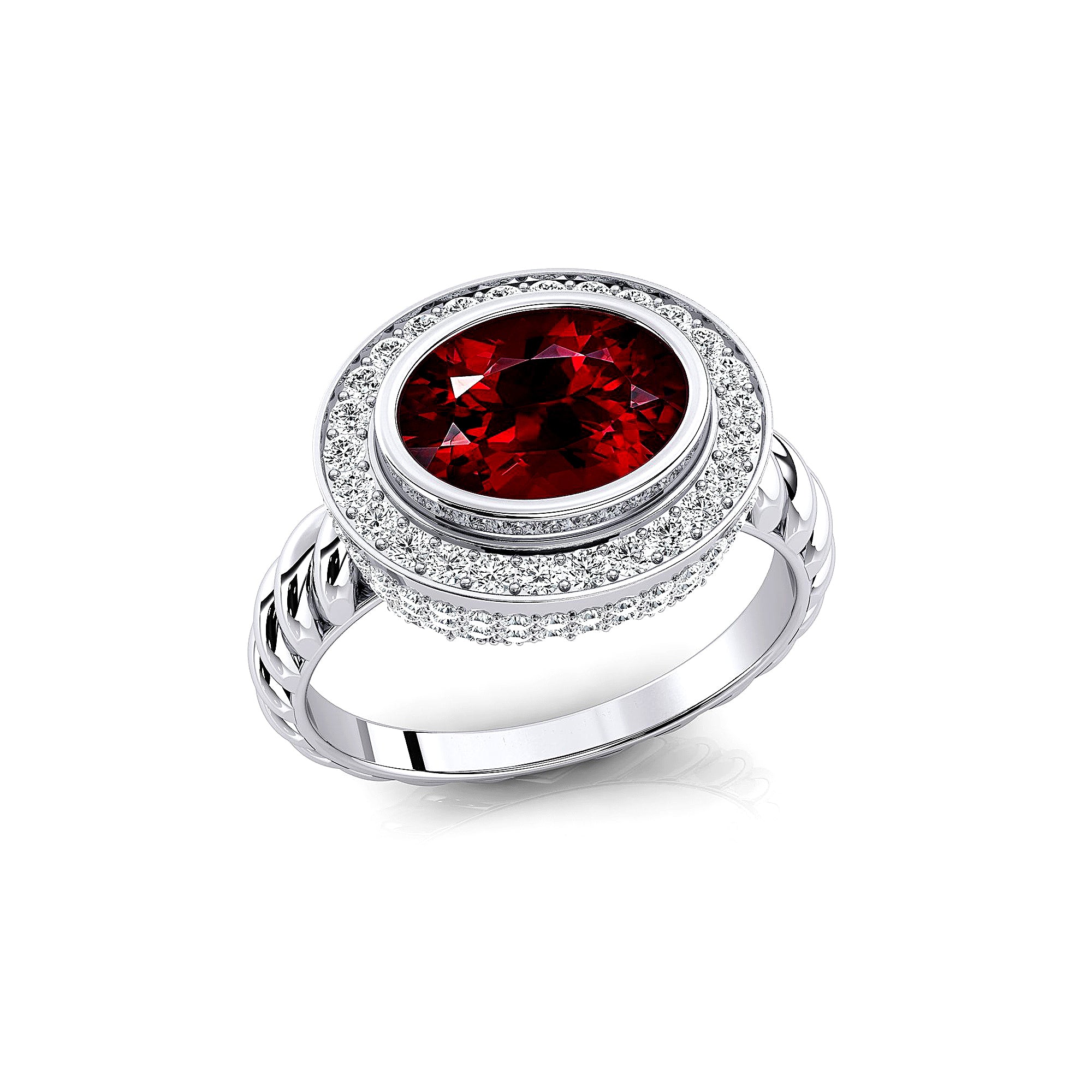 Vintage Style Elongated Oval Garnet Halo Diamond Twisted Ring - GeumJewels