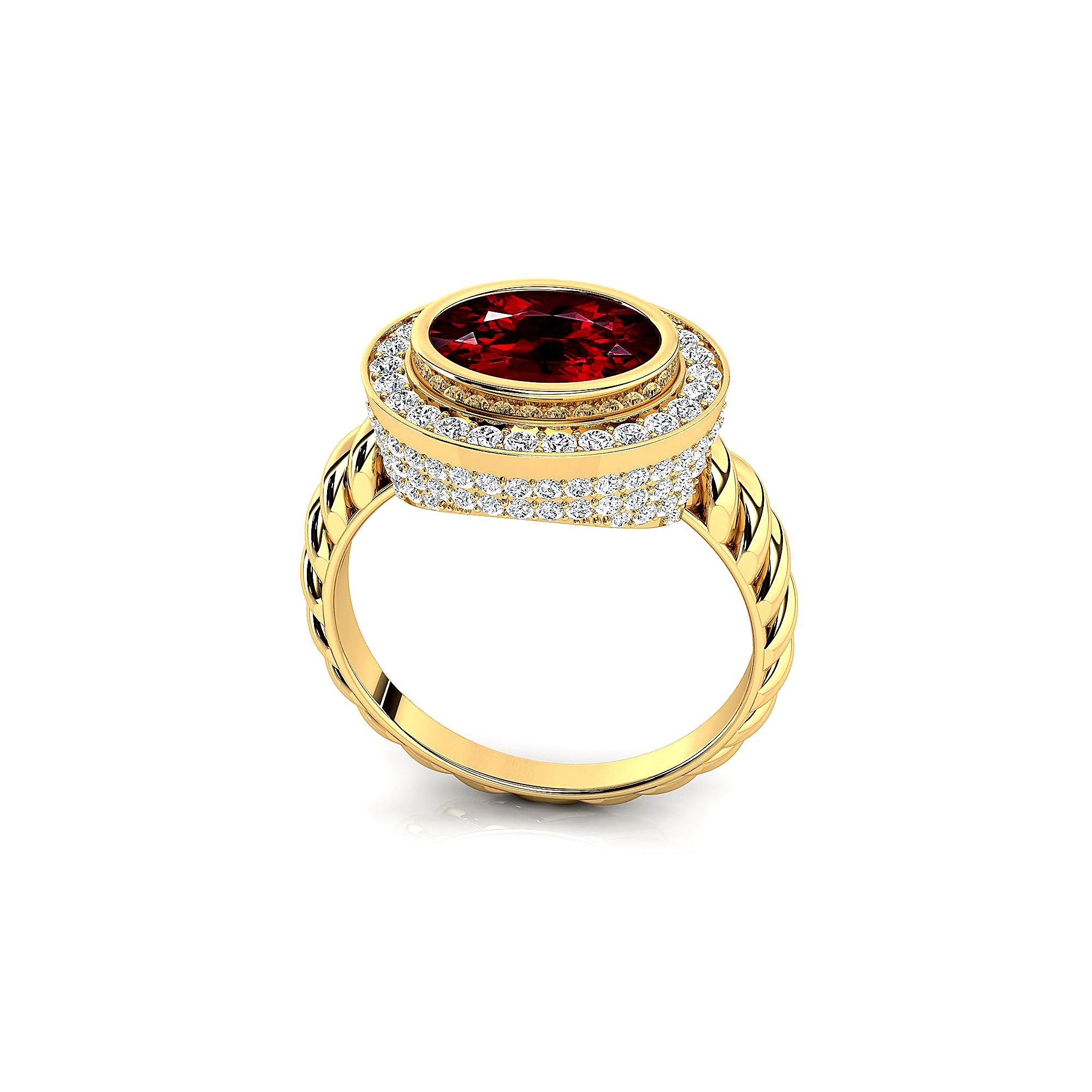 Vintage Style Elongated Oval Garnet Halo Diamond Twisted Ring - GeumJewels