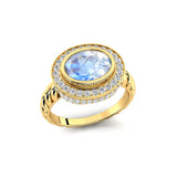Vintage Style Elongated Oval Moonstone Halo Diamond Twisted Ring - GeumJewels