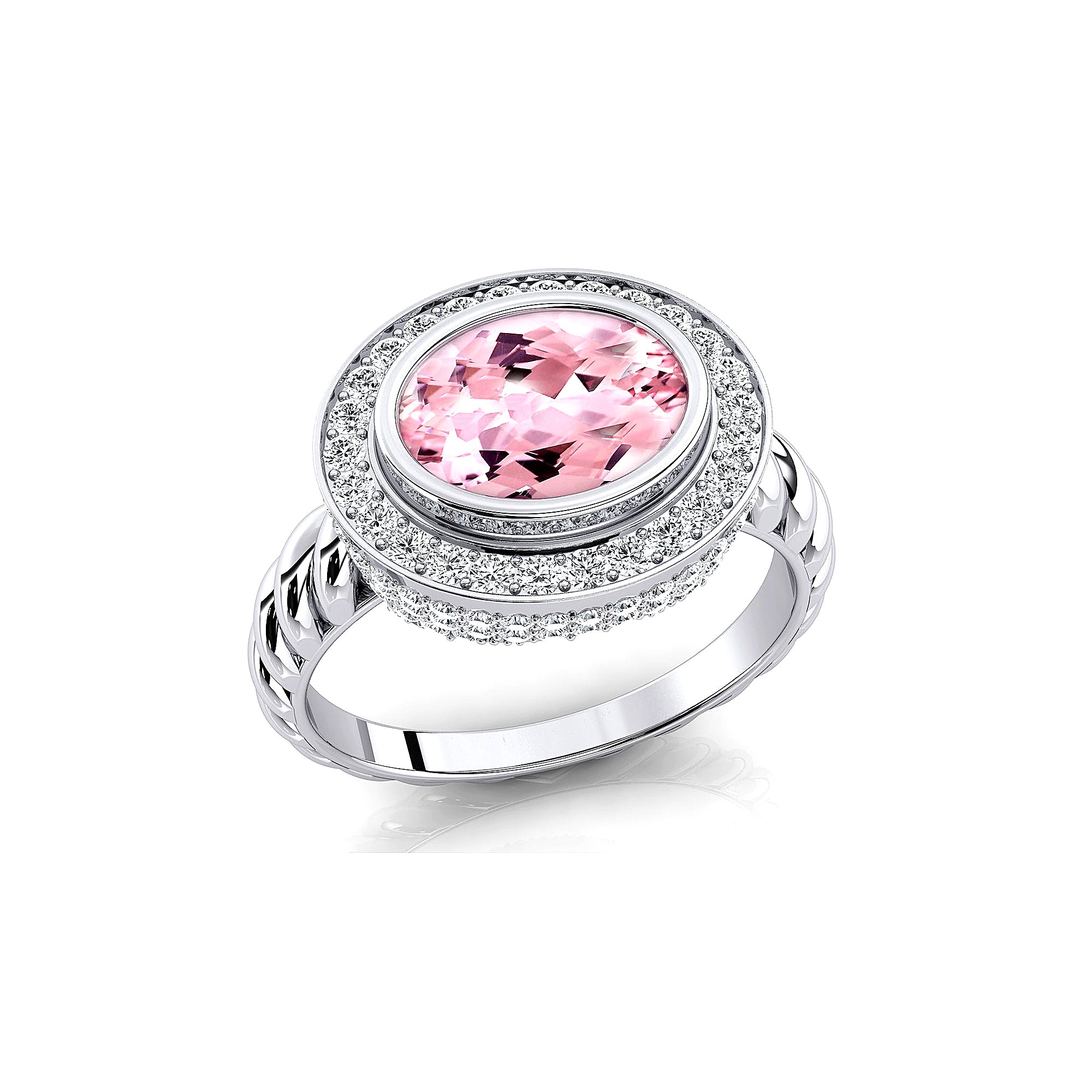 Vintage Style Elongated Oval Morganite Halo Diamond Twisted Ring - GeumJewels