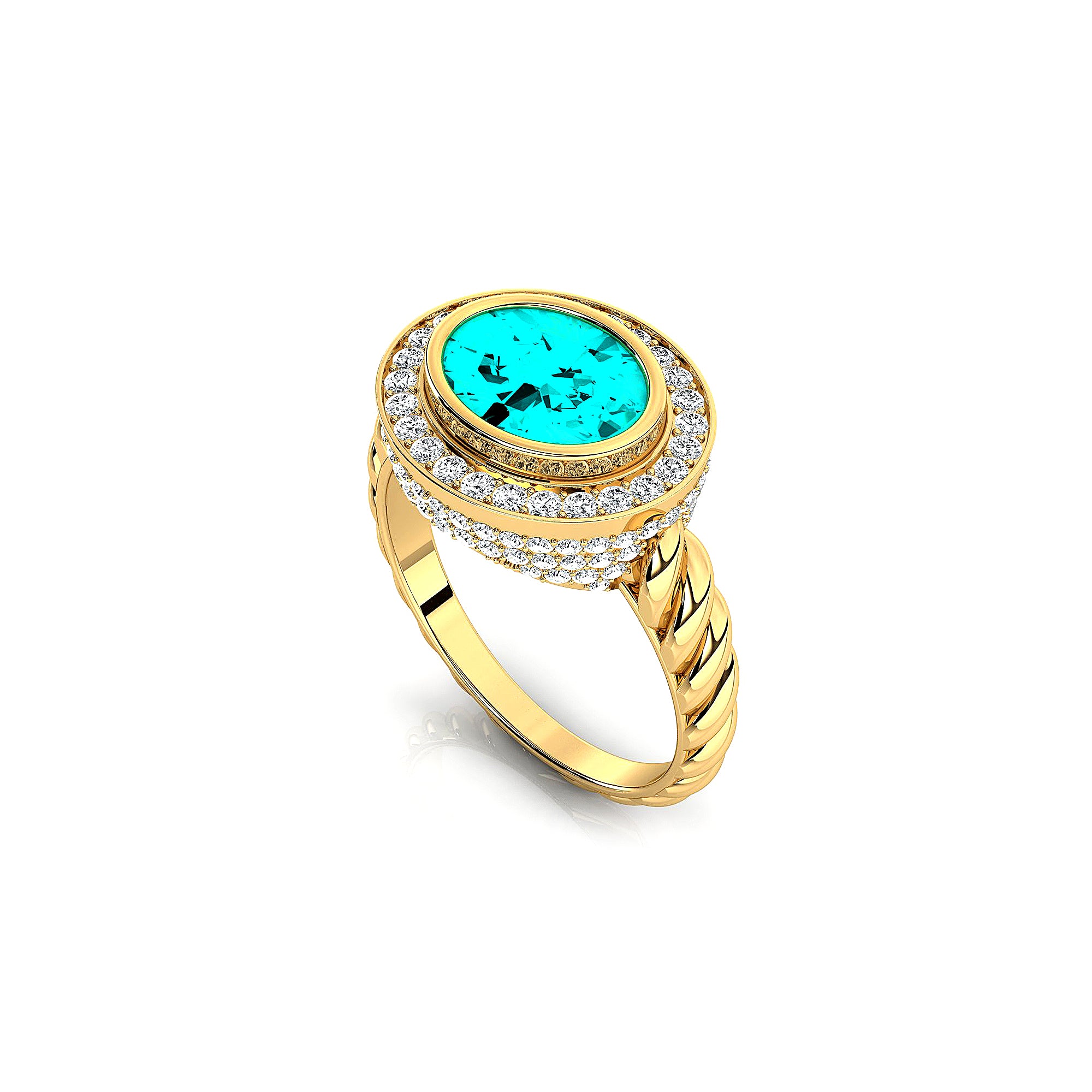 Vintage Style Elongated Oval Paraiba Tourmaline Halo Diamond Twisted Ring - GeumJewels