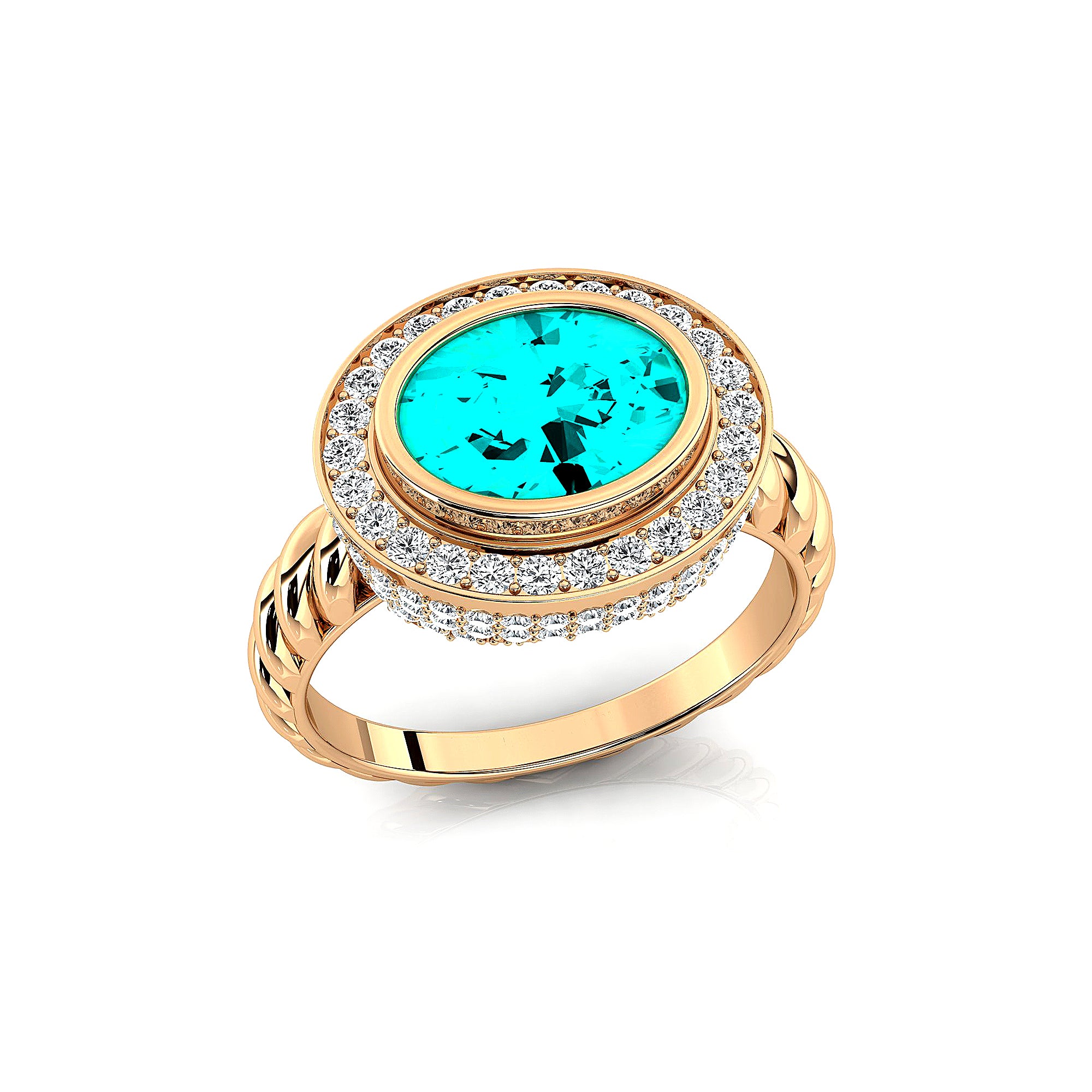 Vintage Style Elongated Oval Paraiba Tourmaline Halo Diamond Twisted Ring - GeumJewels