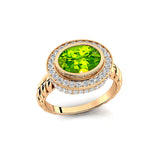 Vintage Style Elongated Oval Peridot Halo Diamond Twisted Ring - GeumJewels