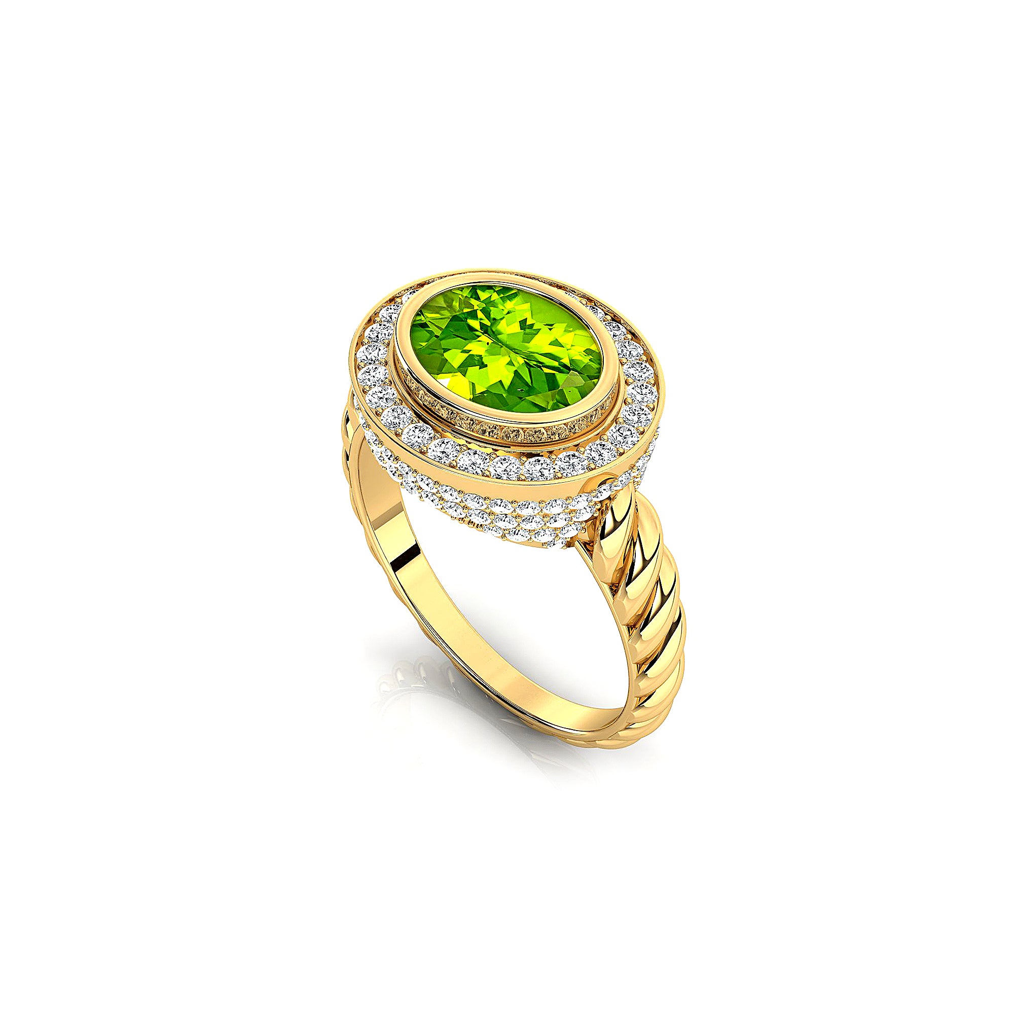 Vintage Style Elongated Oval Peridot Halo Diamond Twisted Ring - GeumJewels