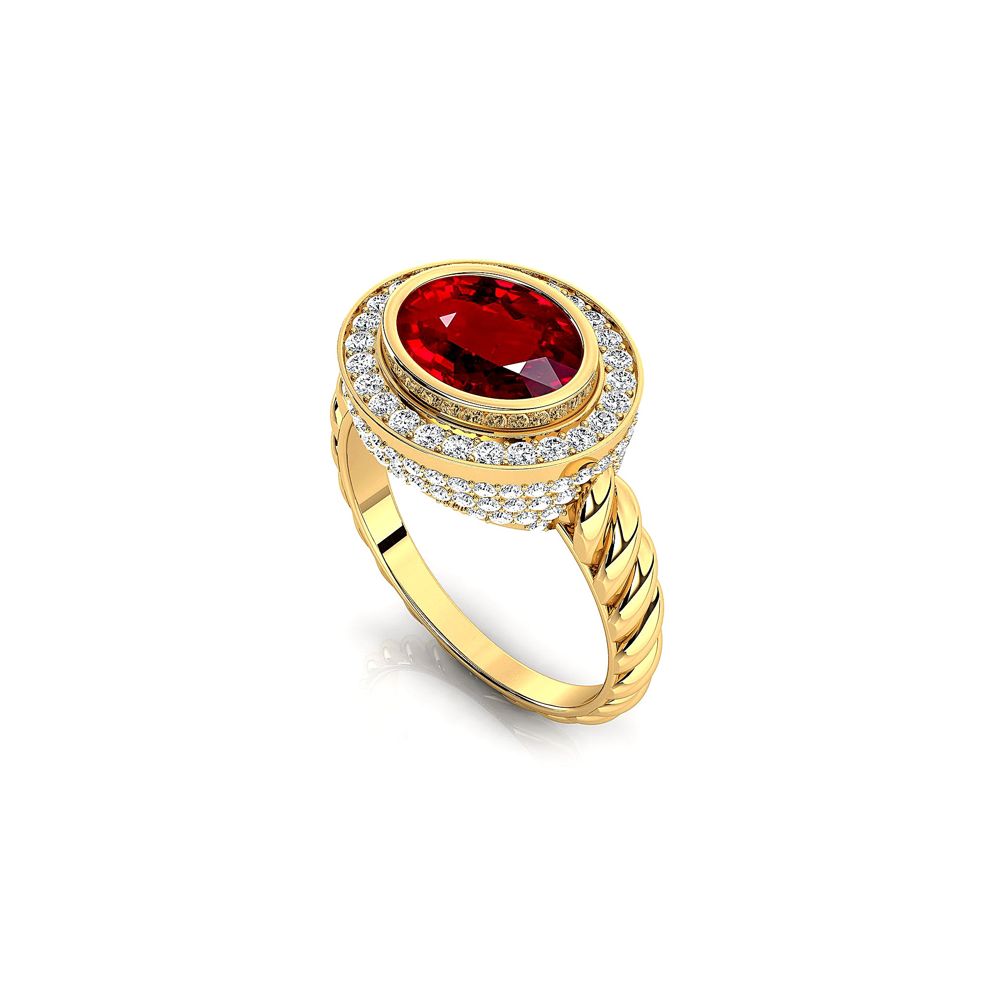 Vintage Style Elongated Oval Ruby Halo Diamond Twisted Ring - GeumJewels