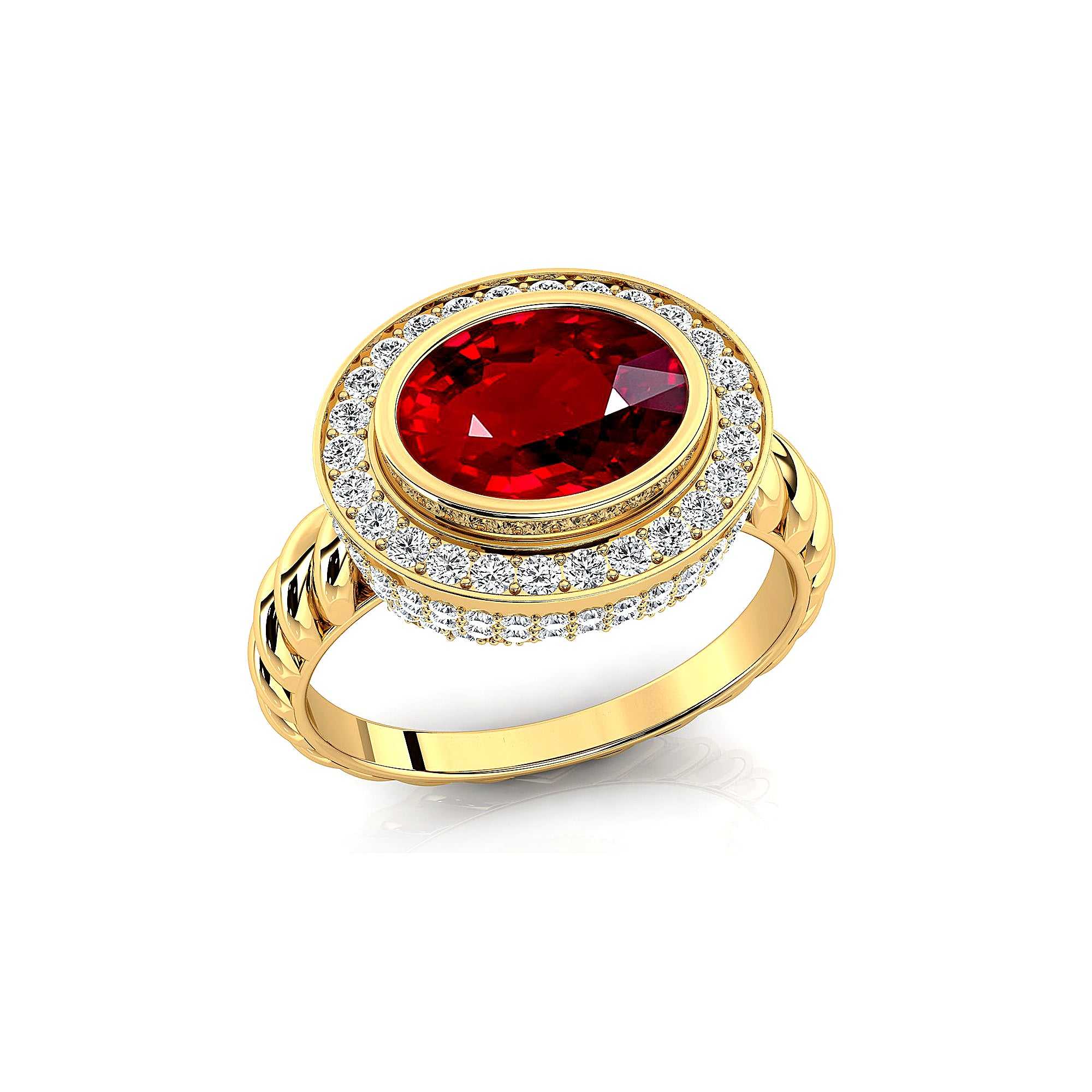 Vintage Style Elongated Oval Ruby Halo Diamond Twisted Ring - GeumJewels