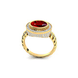 Vintage Style Elongated Oval Ruby Halo Diamond Twisted Ring - GeumJewels