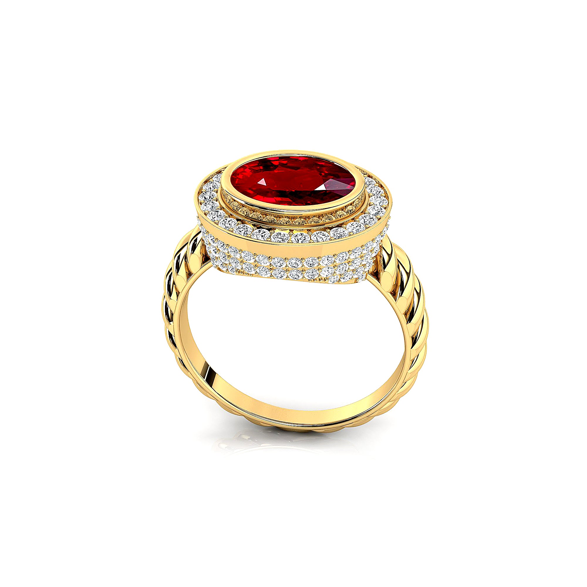 Vintage Style Elongated Oval Ruby Halo Diamond Twisted Ring - GeumJewels