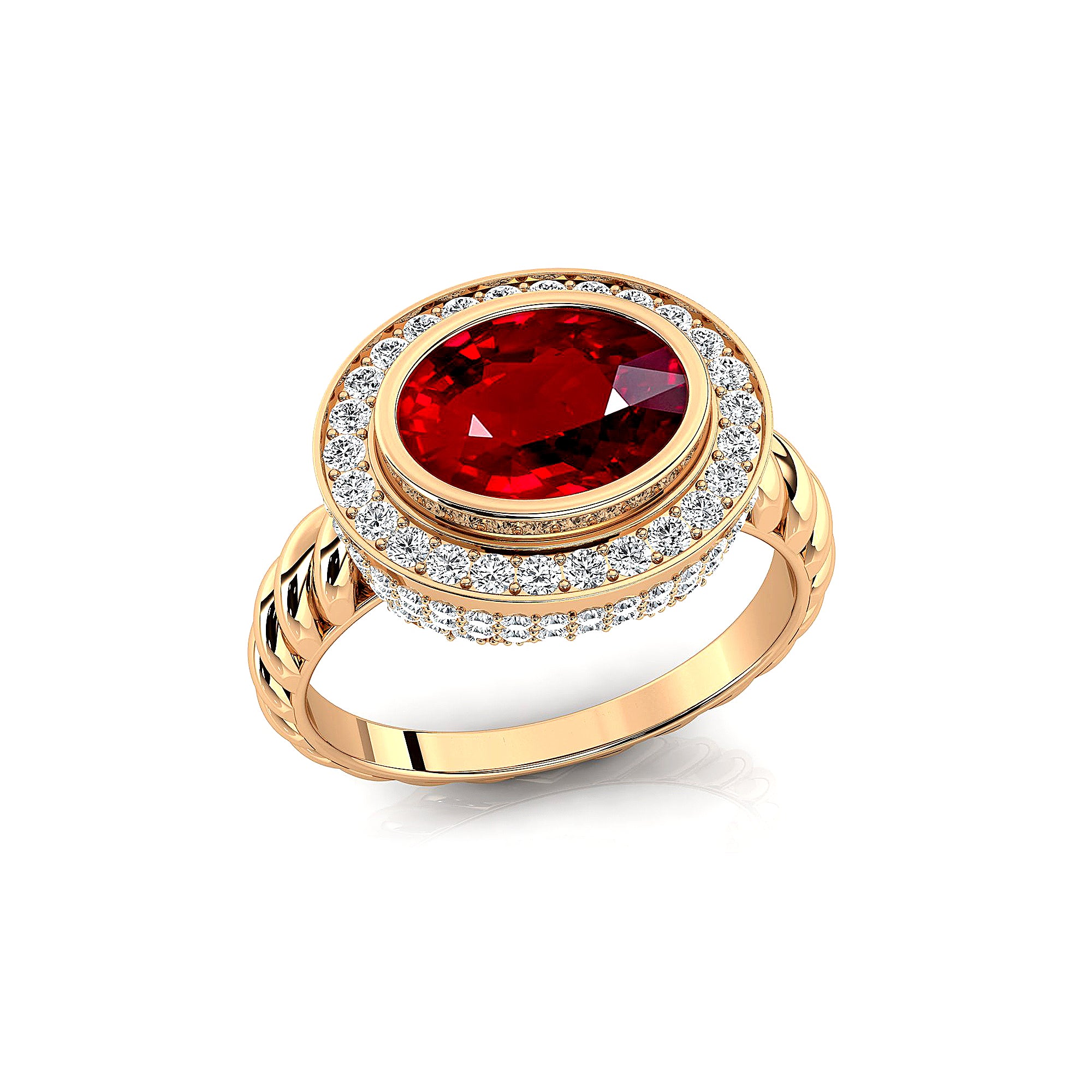 Vintage Style Elongated Oval Ruby Halo Diamond Twisted Ring - GeumJewels