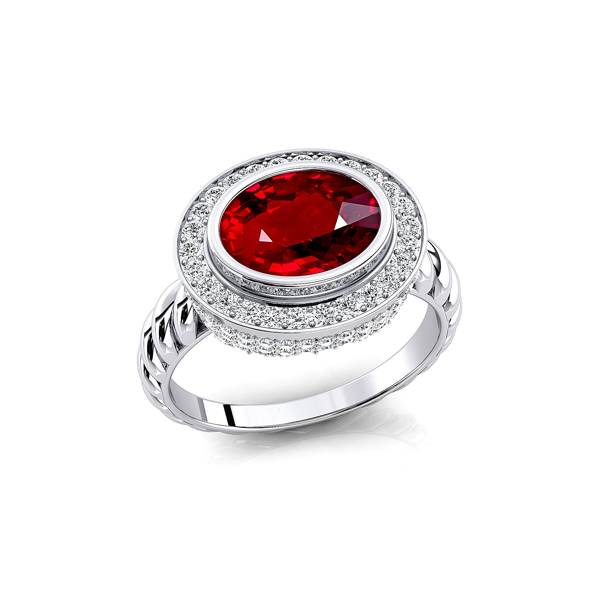 Vintage Style Elongated Oval Ruby Halo Diamond Twisted Ring - GeumJewels