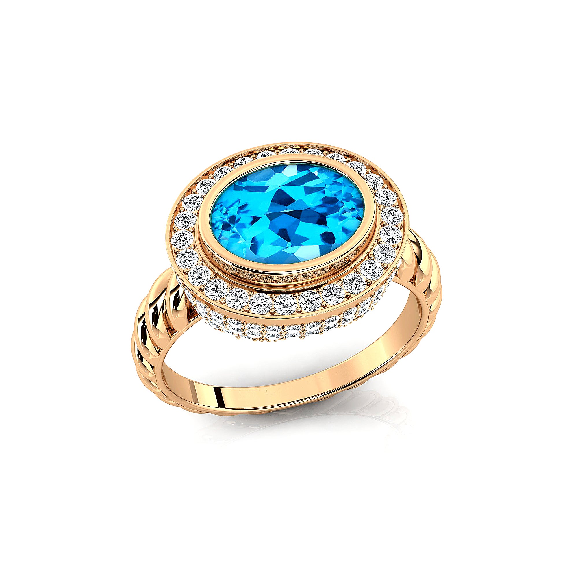 Vintage Style Elongated Oval Swiss Blue Topaz Halo Diamond Twisted Ring - GeumJewels