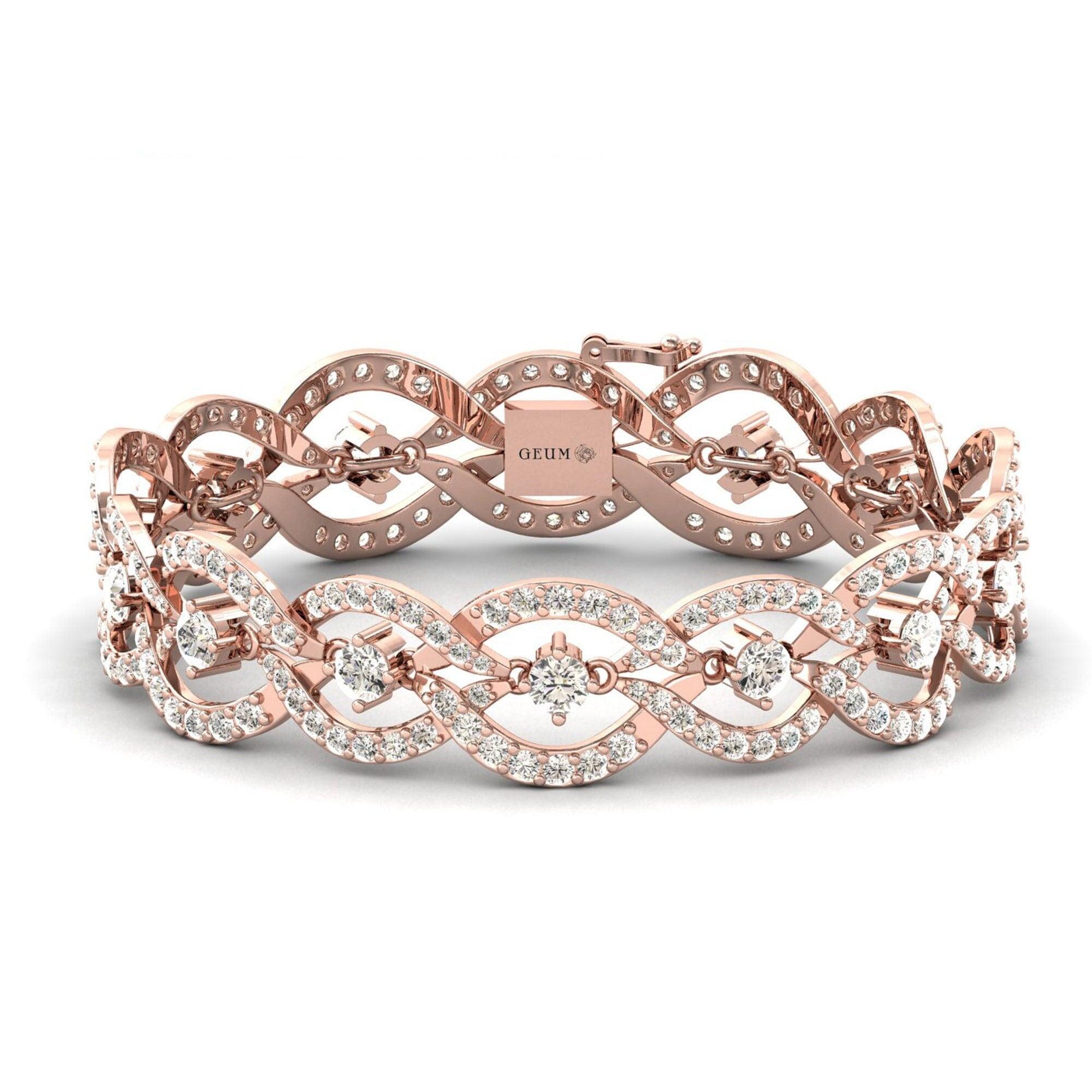 Handmade Rose Gold Cut Bracelet, White/Yellow Gold Bracelet, Real Diamond Modern Bracelet - GeumJewels