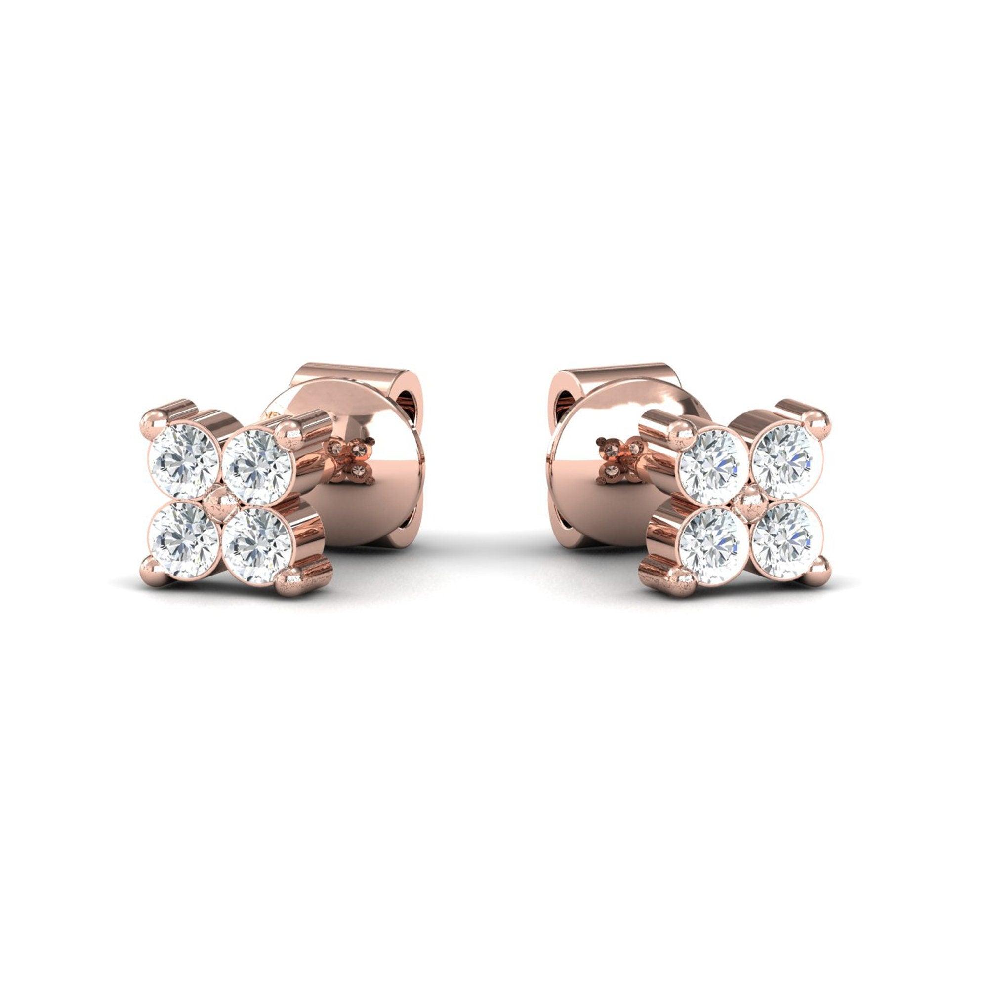 Genuine Yellow/White Gold Stud Earrings, Rose Gold Earrings for Girls, Elegant White Diamond Earrings, Gift for Her - GeumJewels